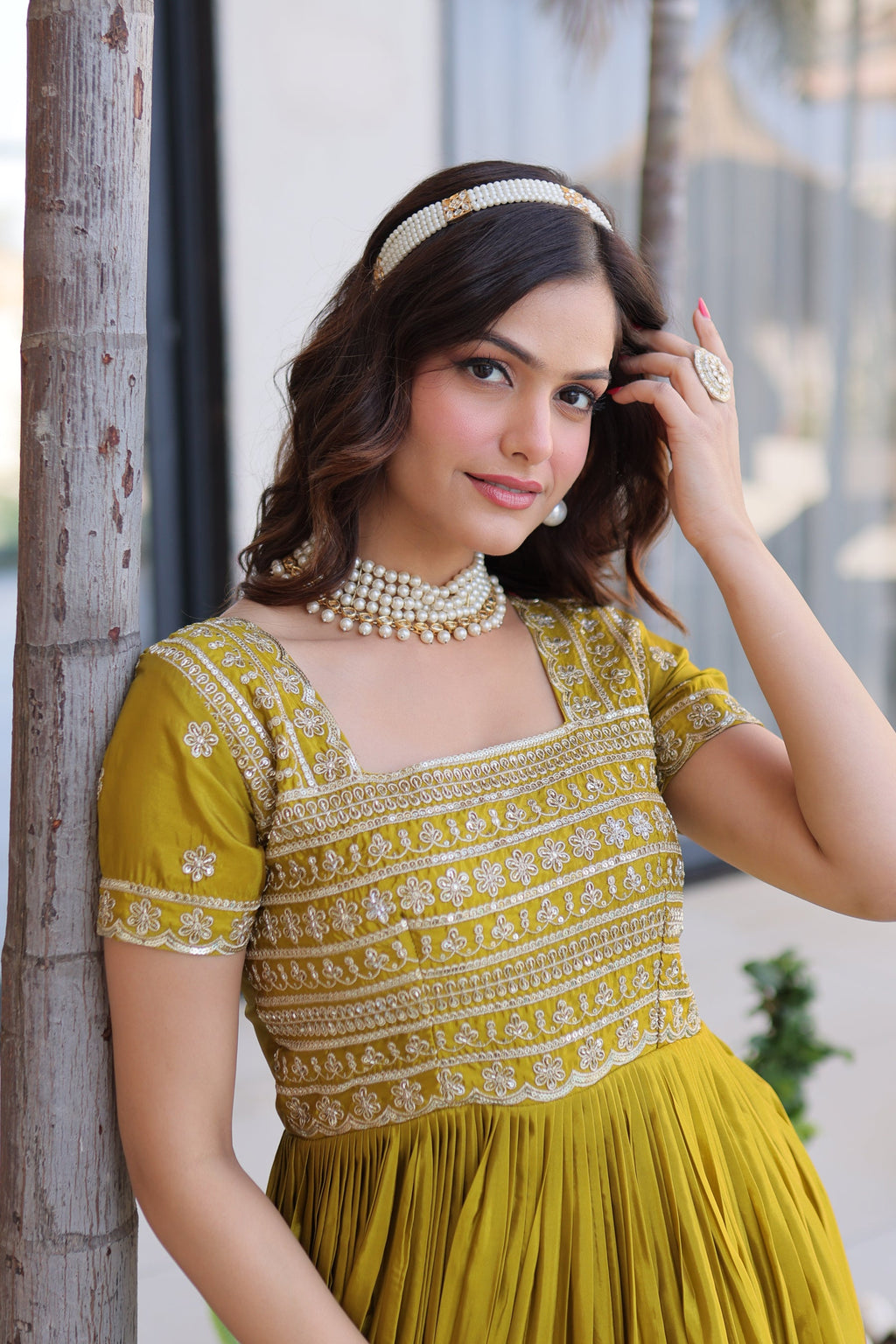 Lorenvalley Fashion Mehendi H O Silk with Sequins & Zari with Pipe Beads Embroidered work Gown