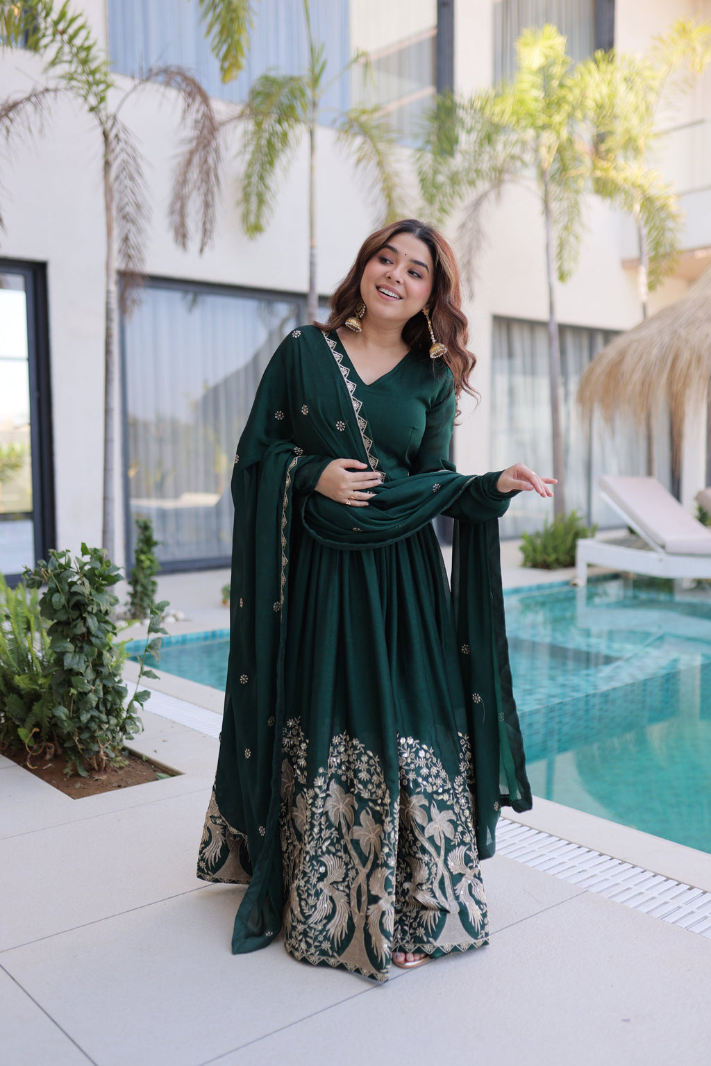 Lorenvalley Fashion Green Rangoli Crush With Sequins Multi Embroidered work Gown with Dupatta