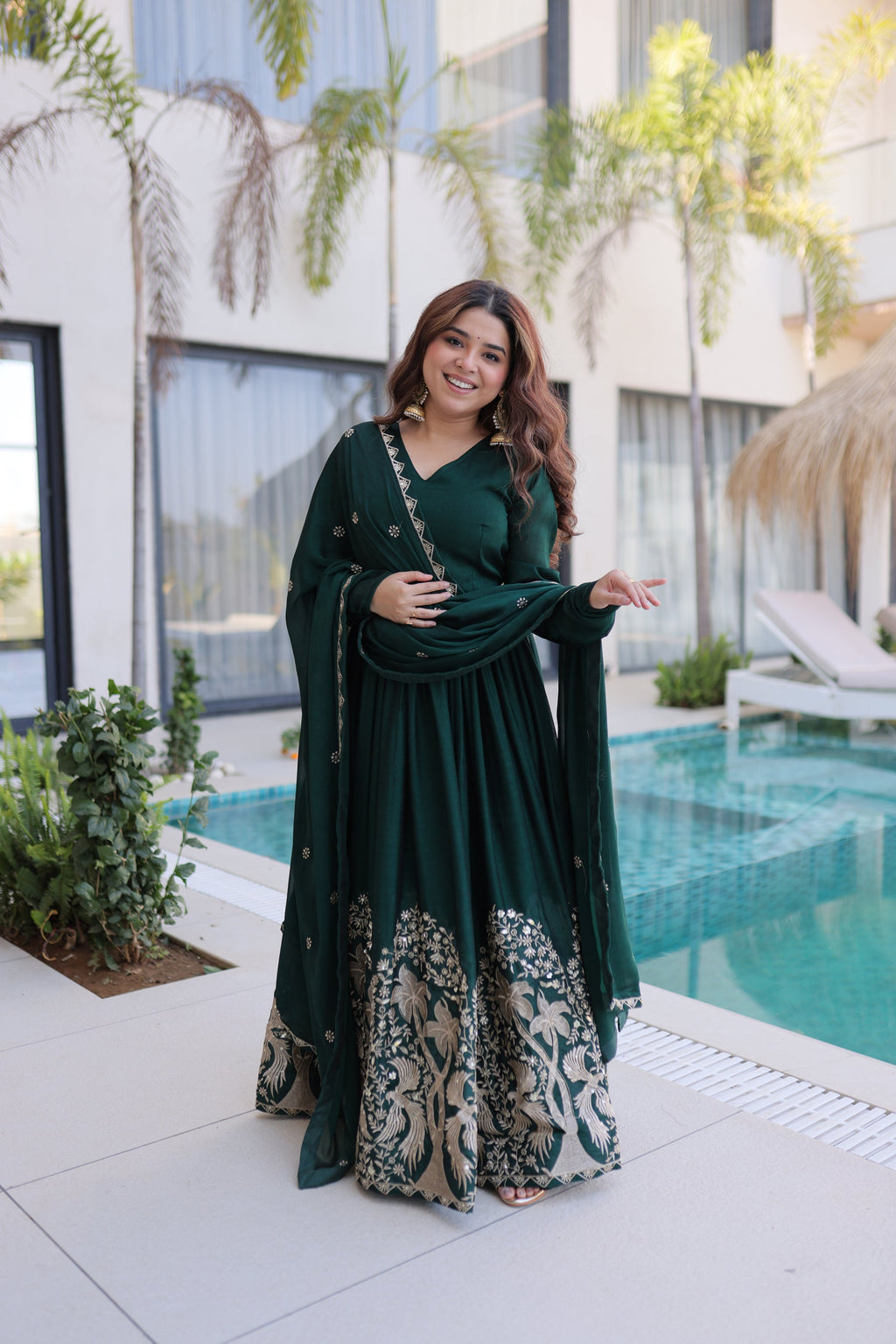 Lorenvalley Fashion Green Rangoli Crush With Sequins Multi Embroidered work Gown with Dupatta