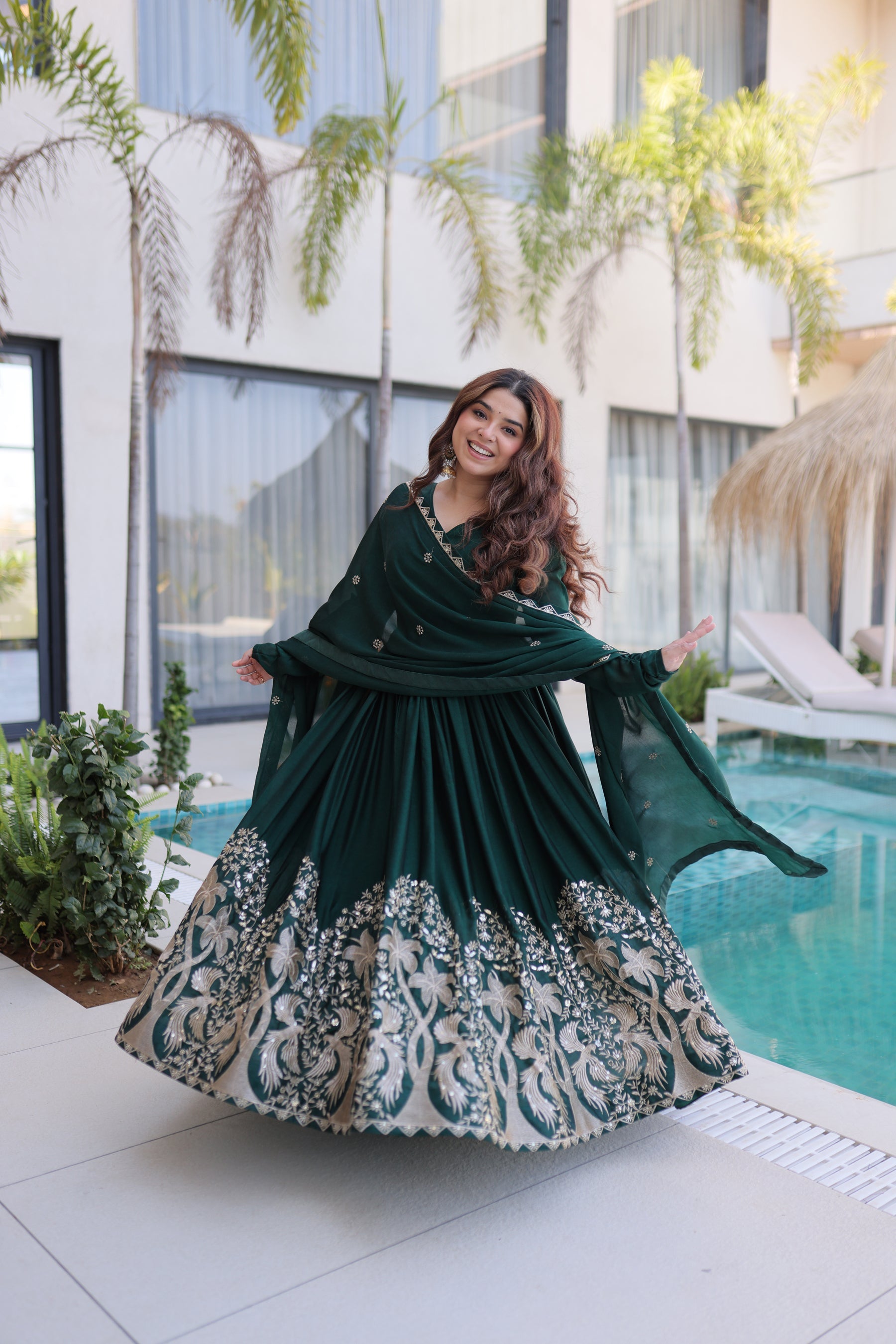 Lorenvalley Fashion Green Rangoli Crush With Sequins Multi Embroidered work Gown with Dupatta