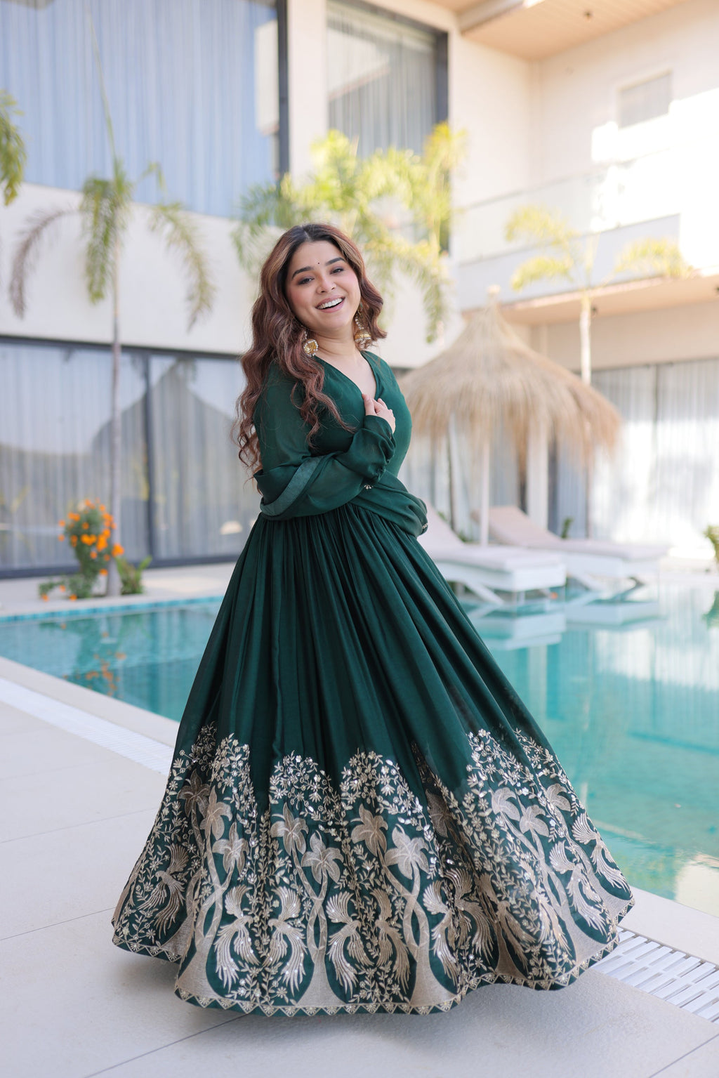 Lorenvalley Fashion Green Rangoli Crush With Sequins Multi Embroidered work Gown with Dupatta