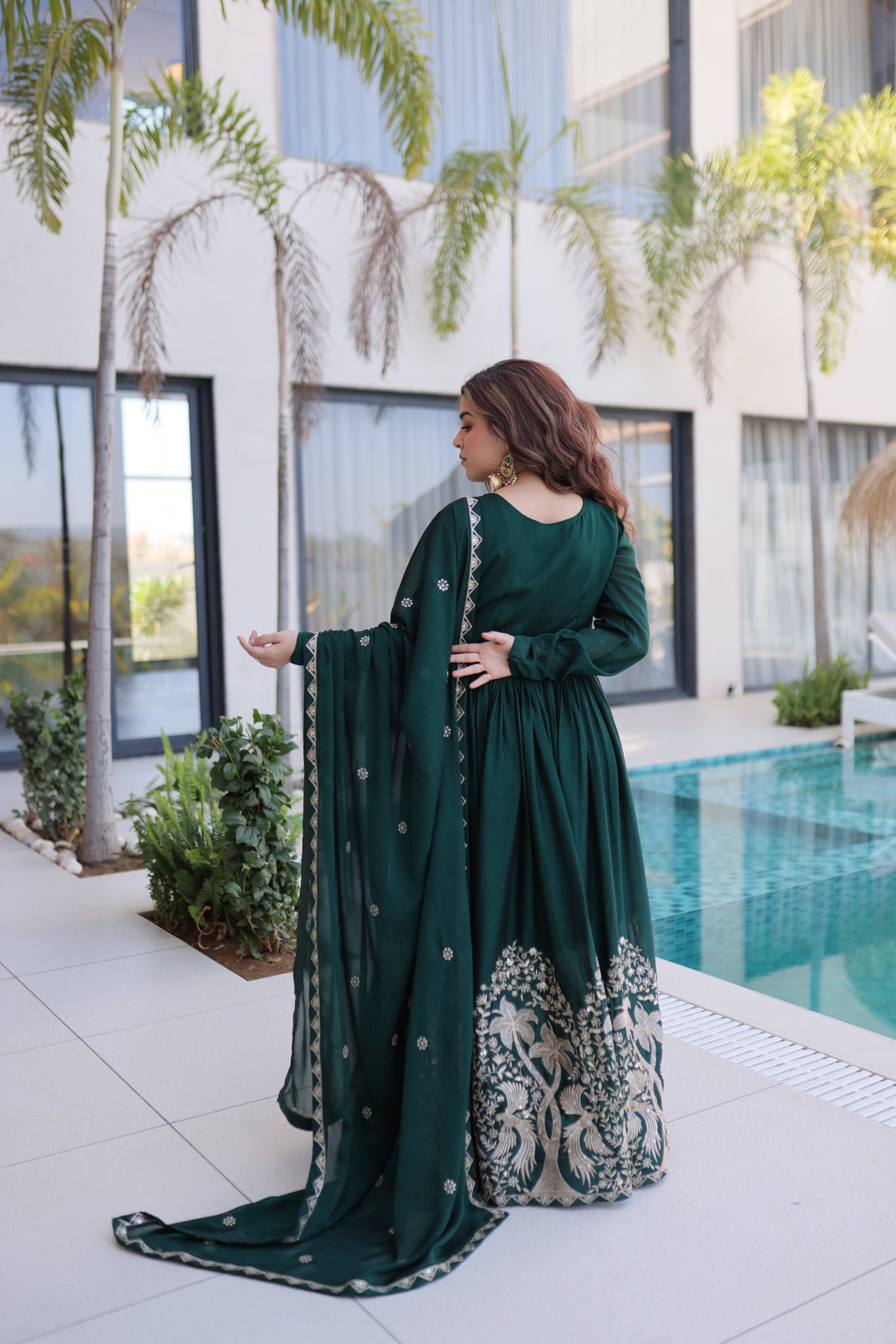 Lorenvalley Fashion Green Rangoli Crush With Sequins Multi Embroidered work Gown with Dupatta