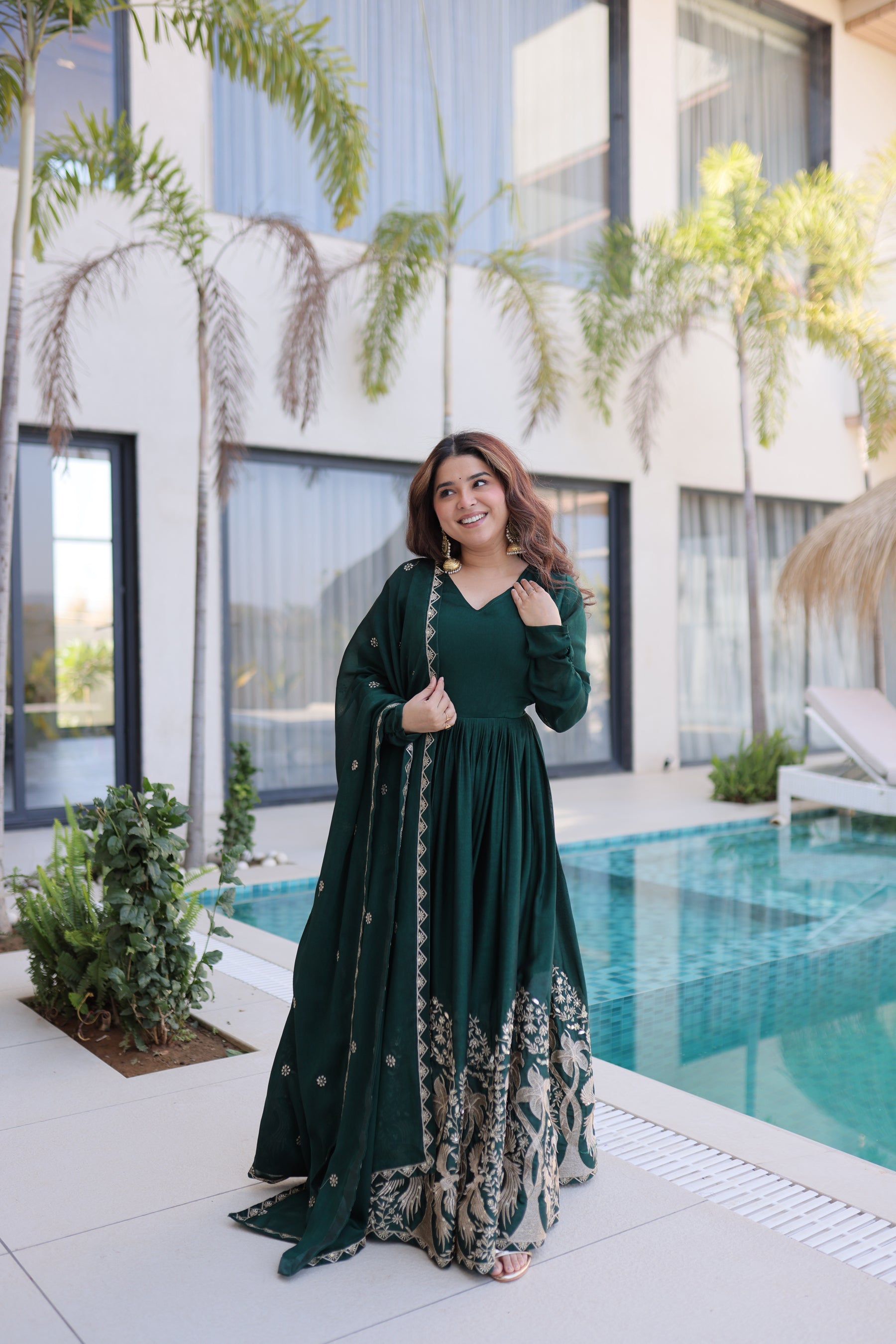 Lorenvalley Fashion Green Rangoli Crush With Sequins Multi Embroidered work Gown with Dupatta