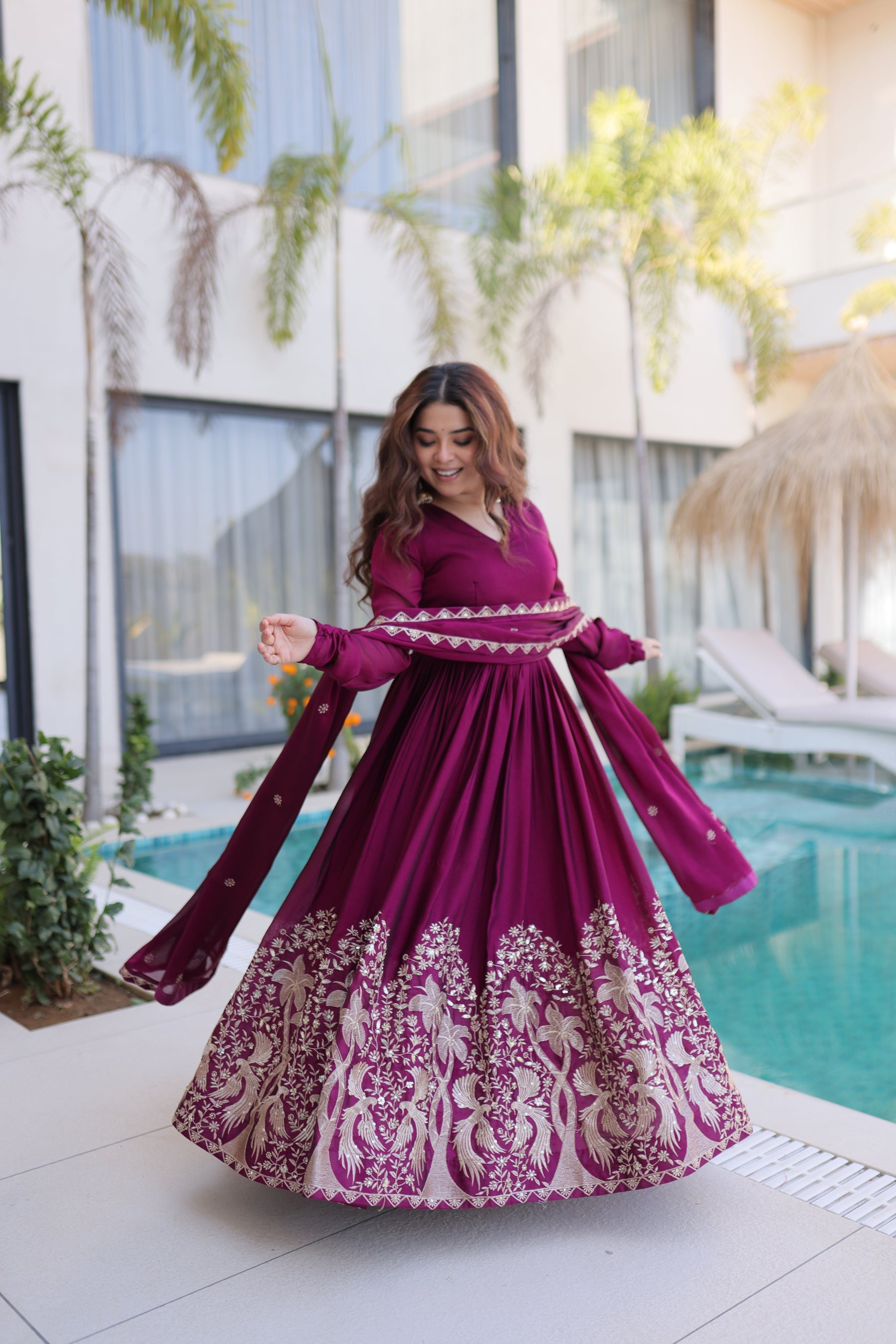 Lorenvalley Fashion Wine Rangoli Crush With Sequins Multi Embroidered work Gown with Dupatta
