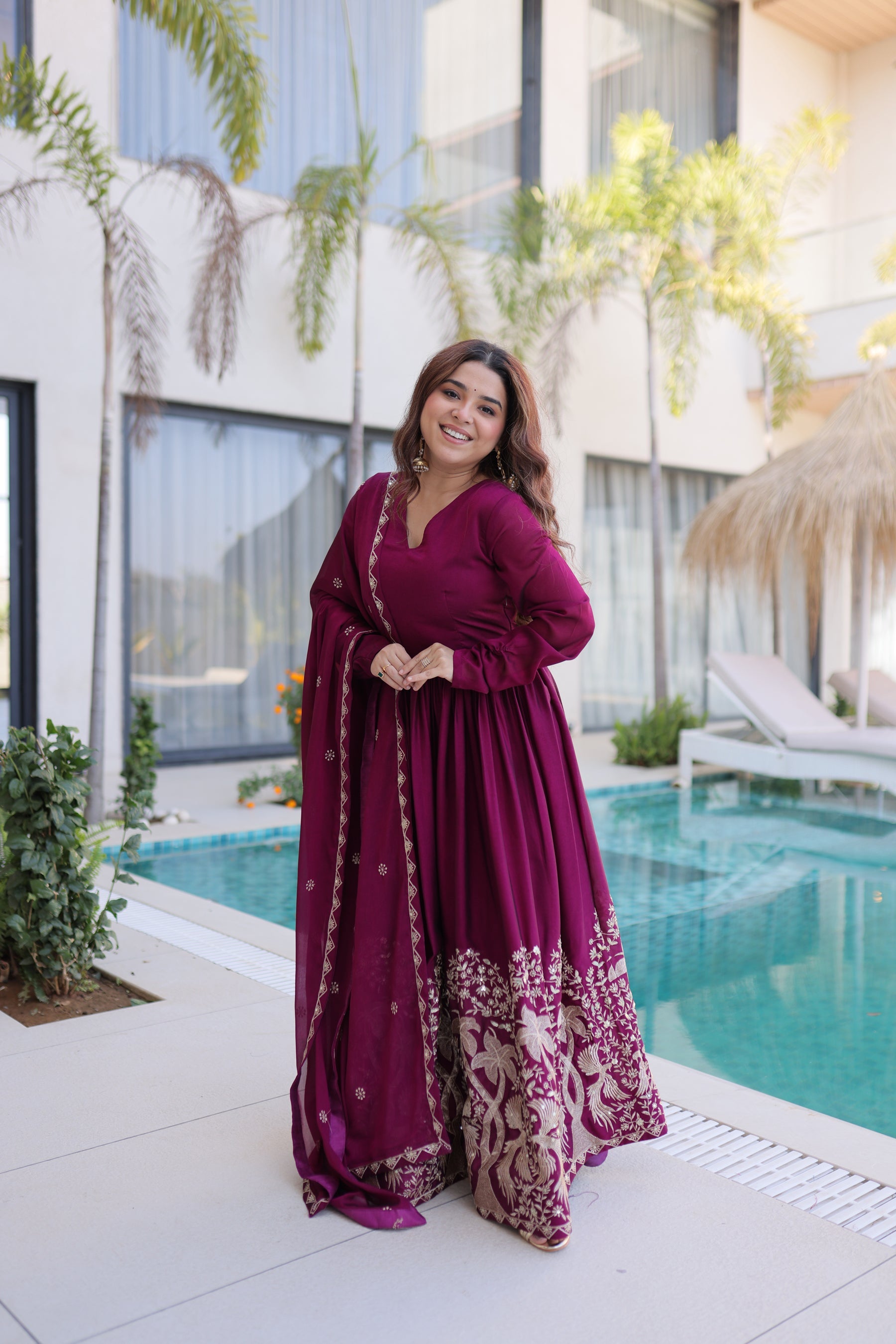 Lorenvalley Fashion Wine Rangoli Crush With Sequins Multi Embroidered work Gown with Dupatta