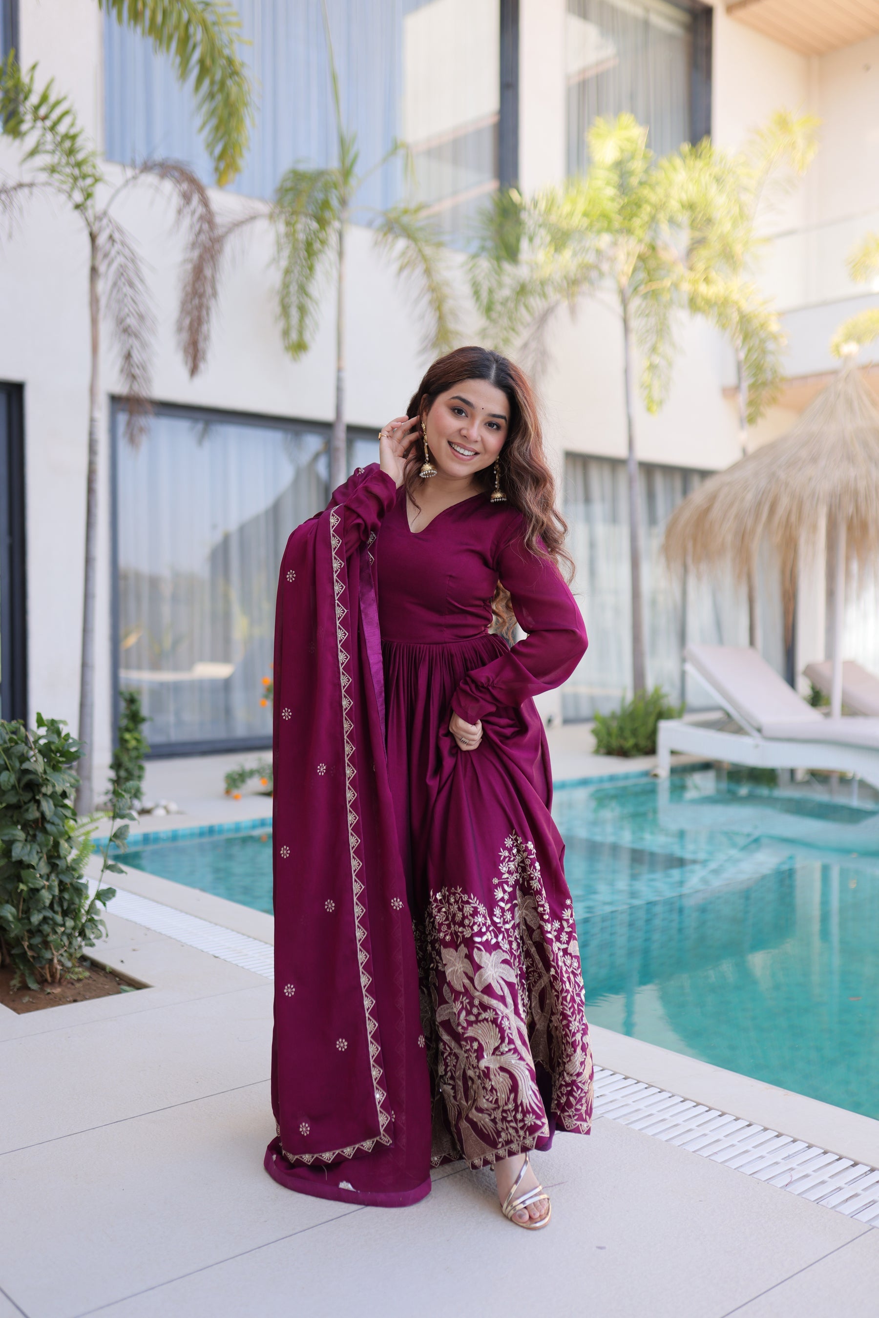 Lorenvalley Fashion Wine Rangoli Crush With Sequins Multi Embroidered work Gown with Dupatta