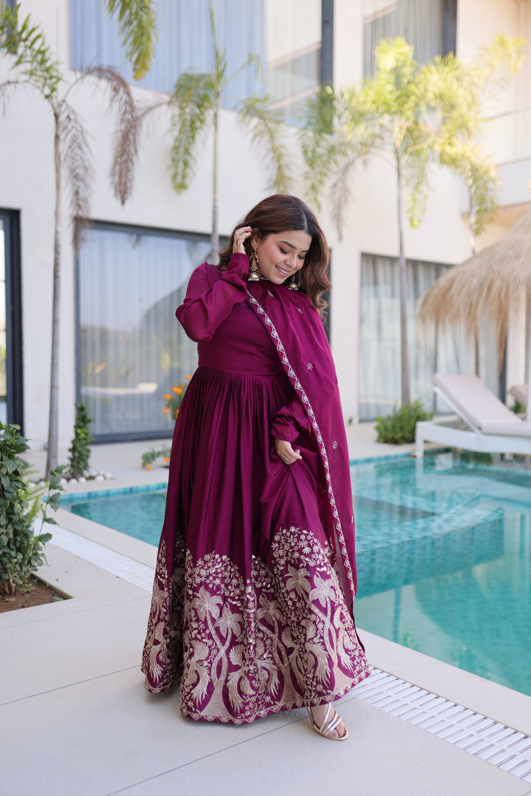 Lorenvalley Fashion Wine Rangoli Crush With Sequins Multi Embroidered work Gown with Dupatta