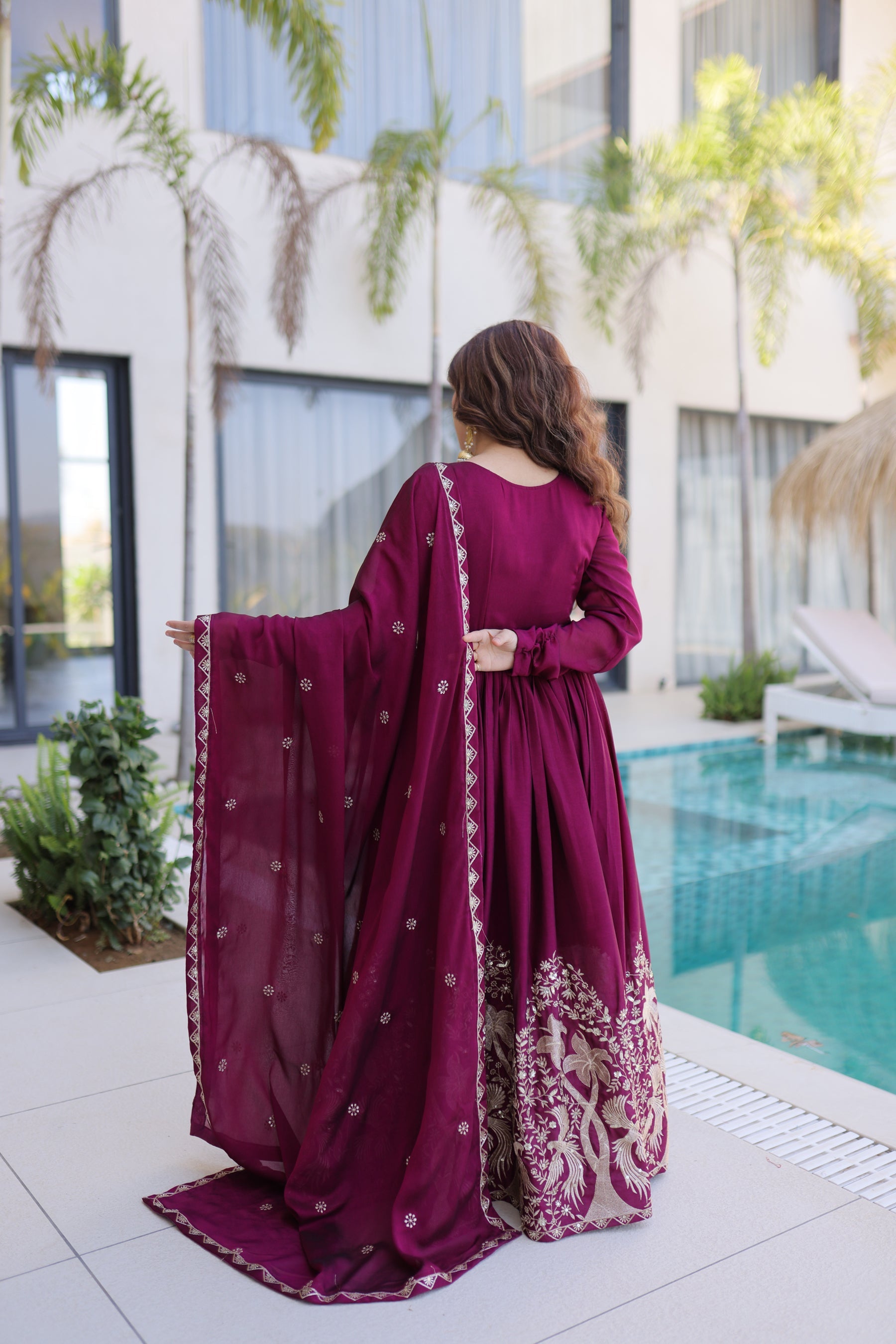 Lorenvalley Fashion Wine Rangoli Crush With Sequins Multi Embroidered work Gown with Dupatta