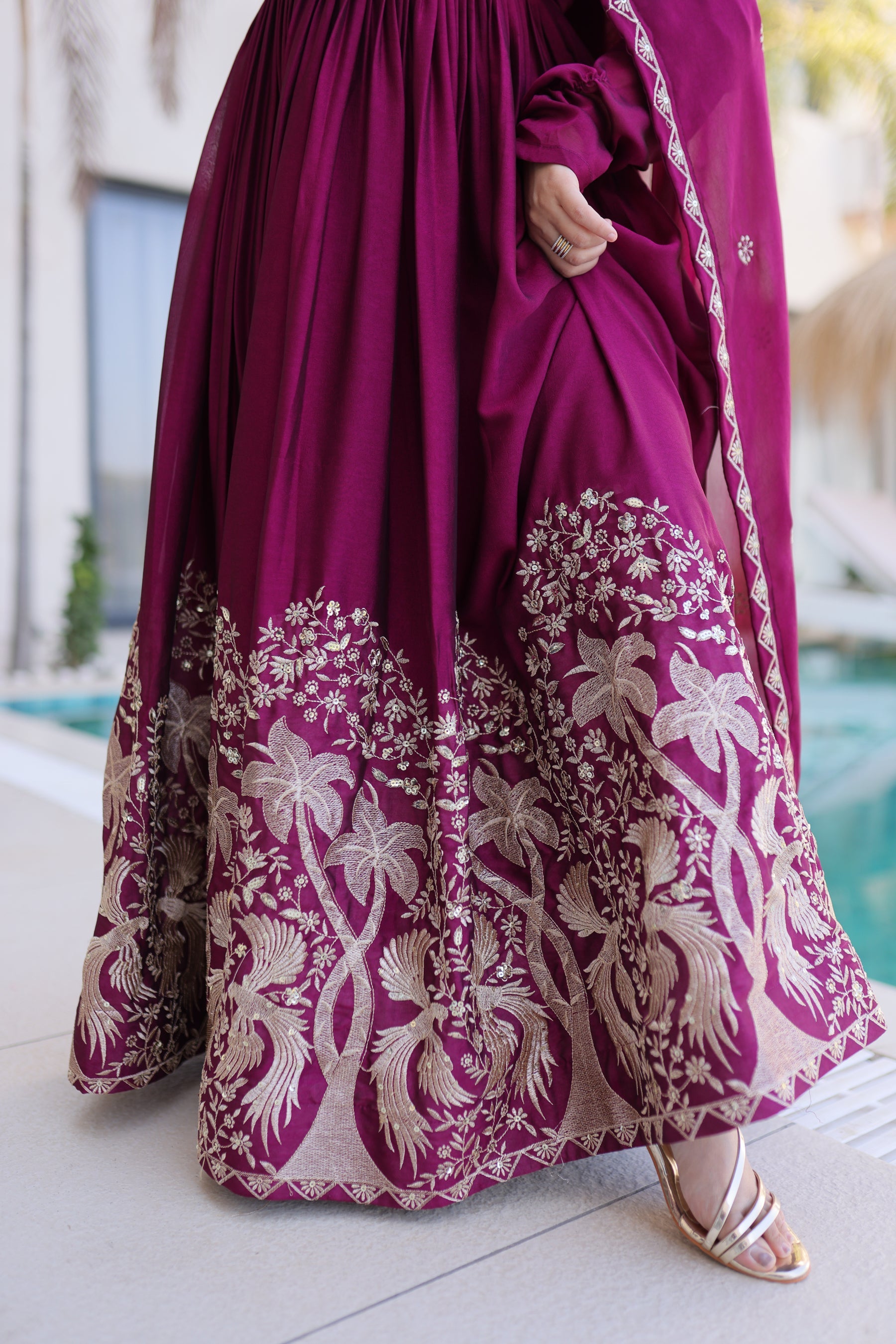 Lorenvalley Fashion Wine Rangoli Crush With Sequins Multi Embroidered work Gown with Dupatta
