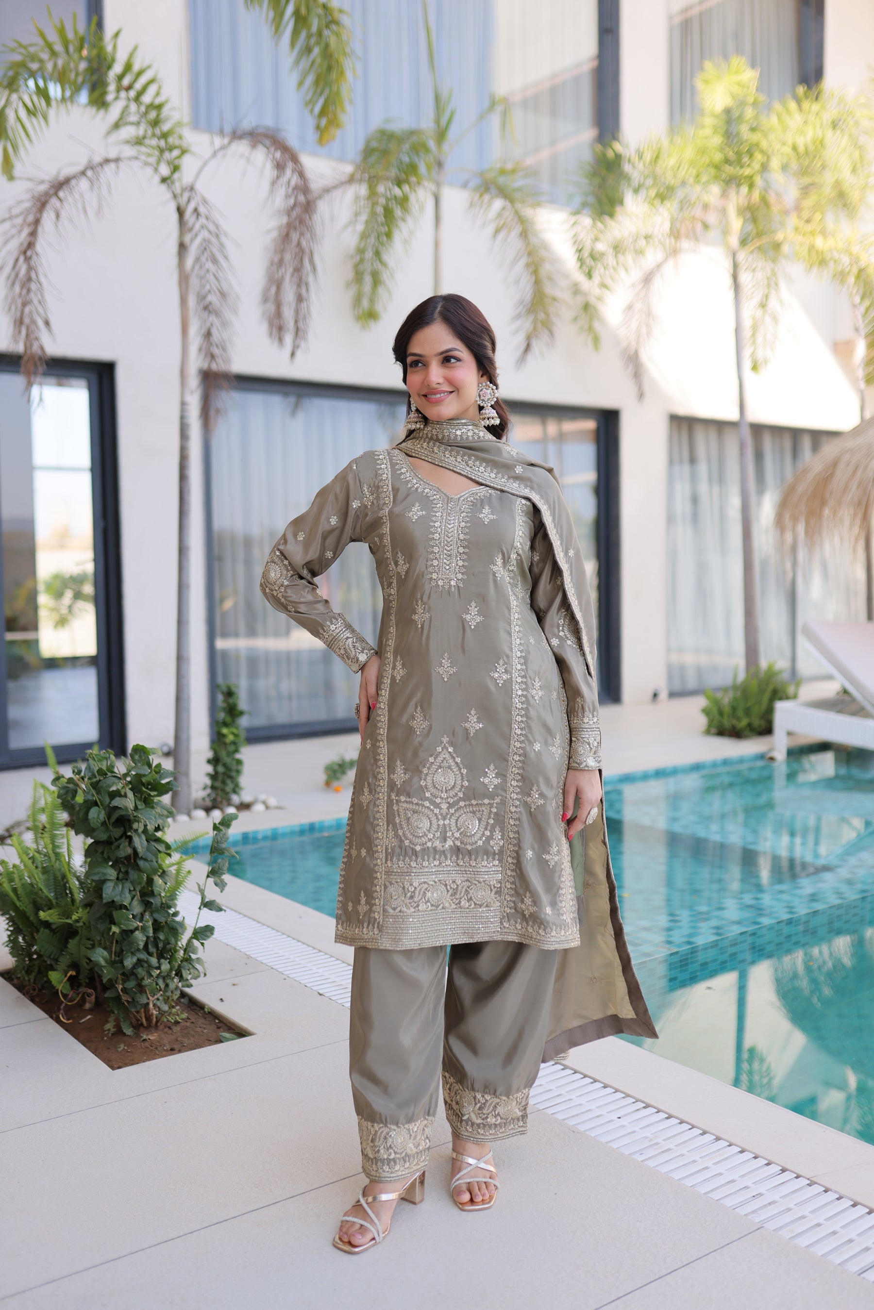 Lorenvalley Fashion Chiku Ho Silk With Zari Multi & Thread Embroidered Work Kurta Pant With Dupatta