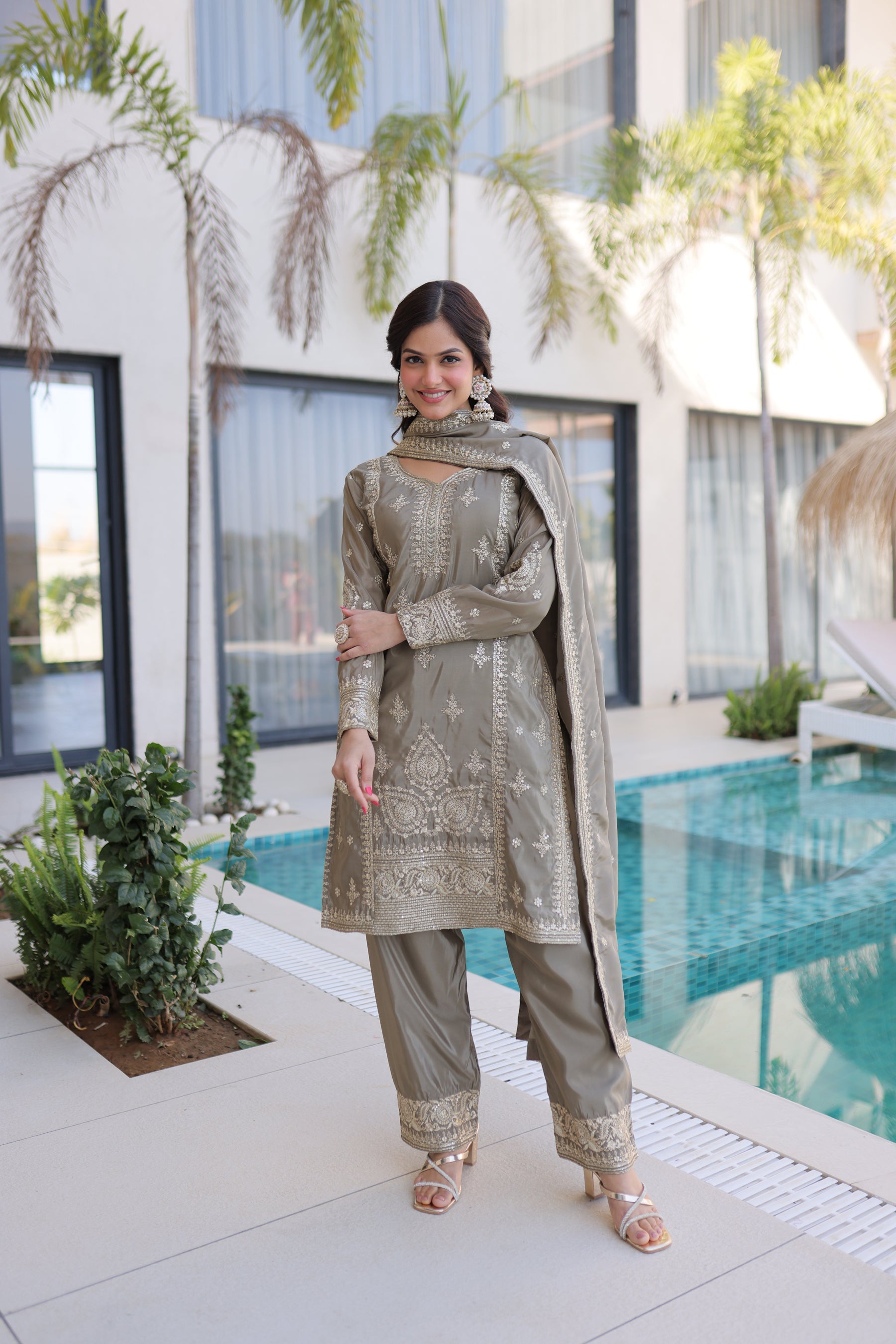Lorenvalley Fashion Chiku Ho Silk With Zari Multi & Thread Embroidered Work Kurta Pant With Dupatta