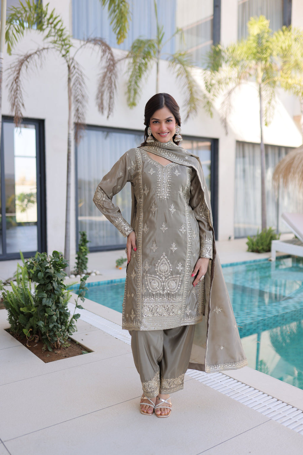 Lorenvalley Fashion Chiku Ho Silk With Zari Multi & Thread Embroidered Work Kurta Pant With Dupatta