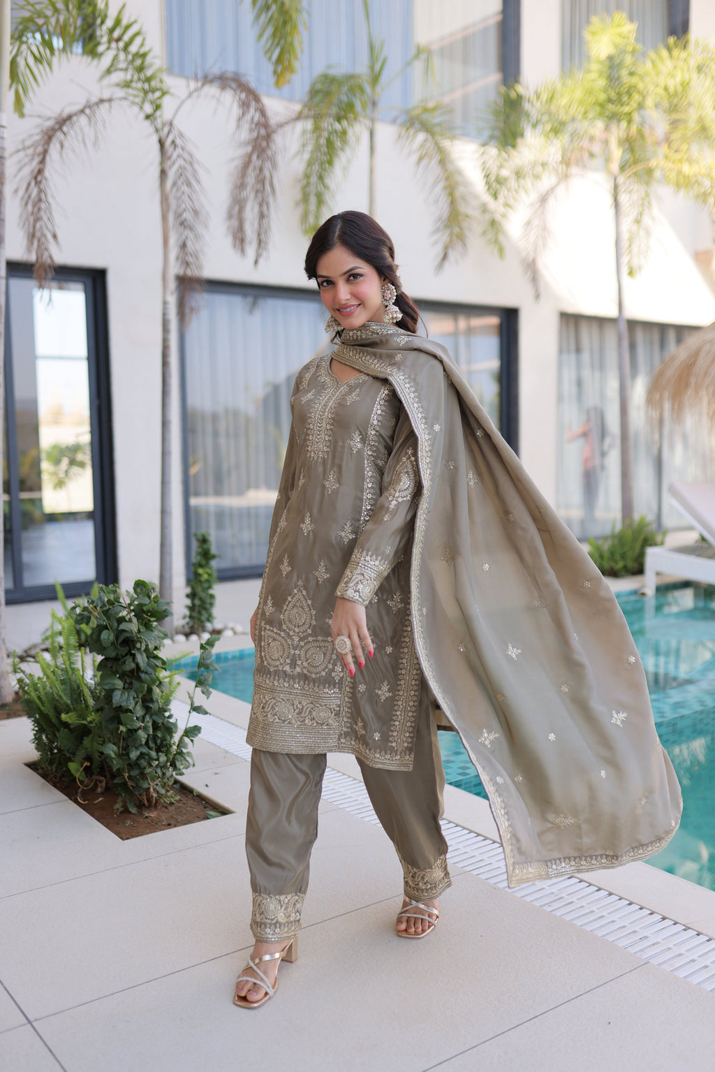 Lorenvalley Fashion Chiku Ho Silk With Zari Multi & Thread Embroidered Work Kurta Pant With Dupatta