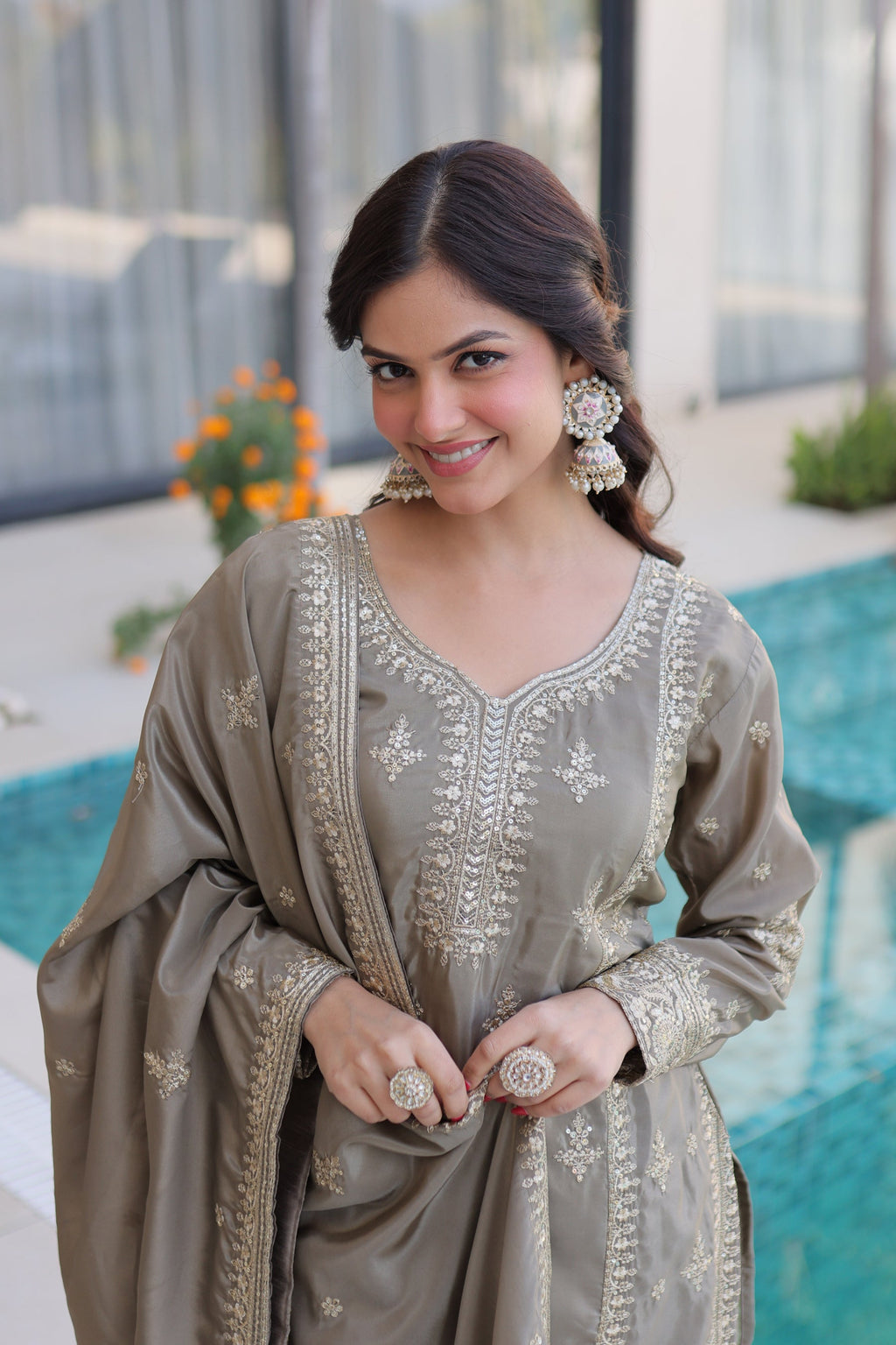 Lorenvalley Fashion Chiku Ho Silk With Zari Multi & Thread Embroidered Work Kurta Pant With Dupatta
