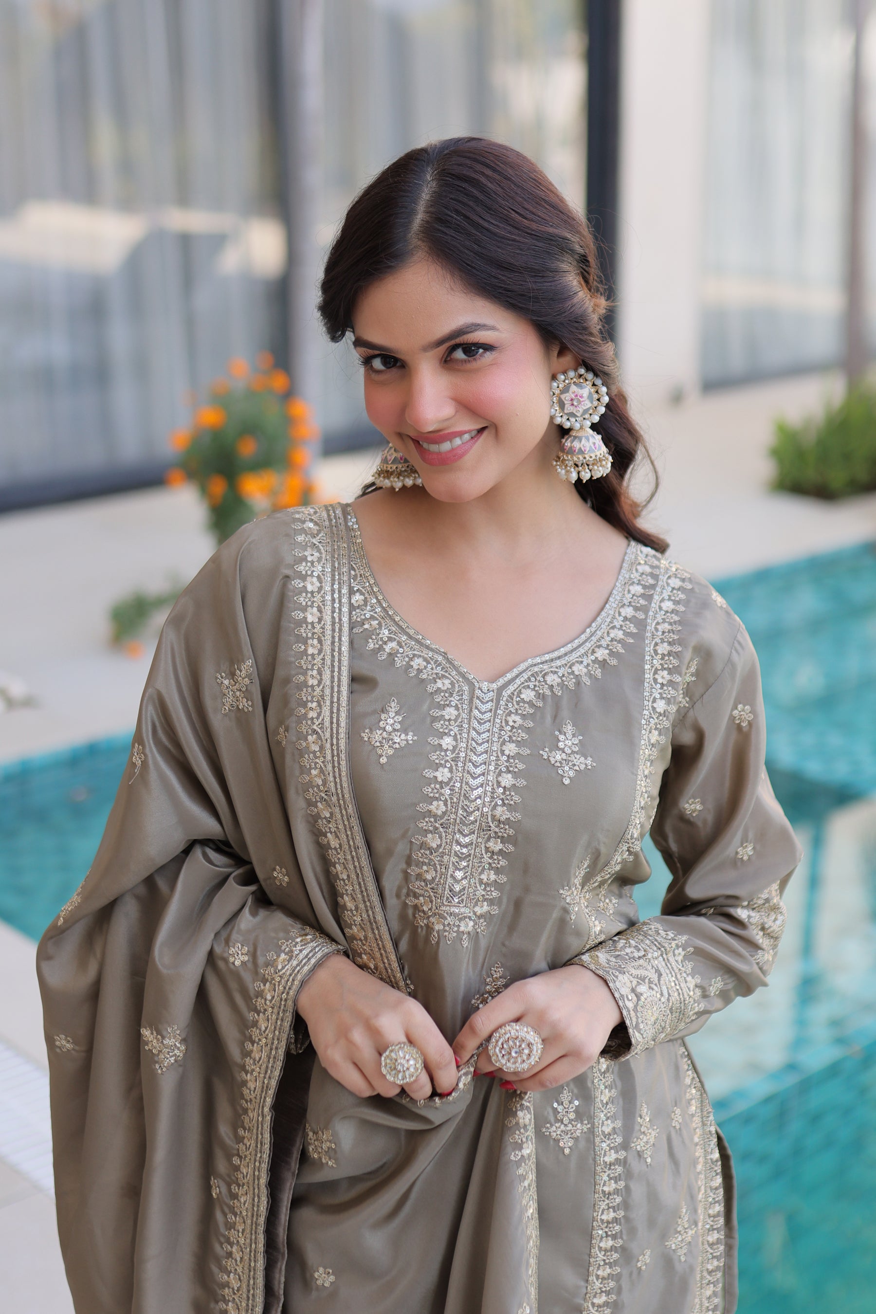 Lorenvalley Fashion Chiku Ho Silk With Zari Multi & Thread Embroidered Work Kurta Pant With Dupatta