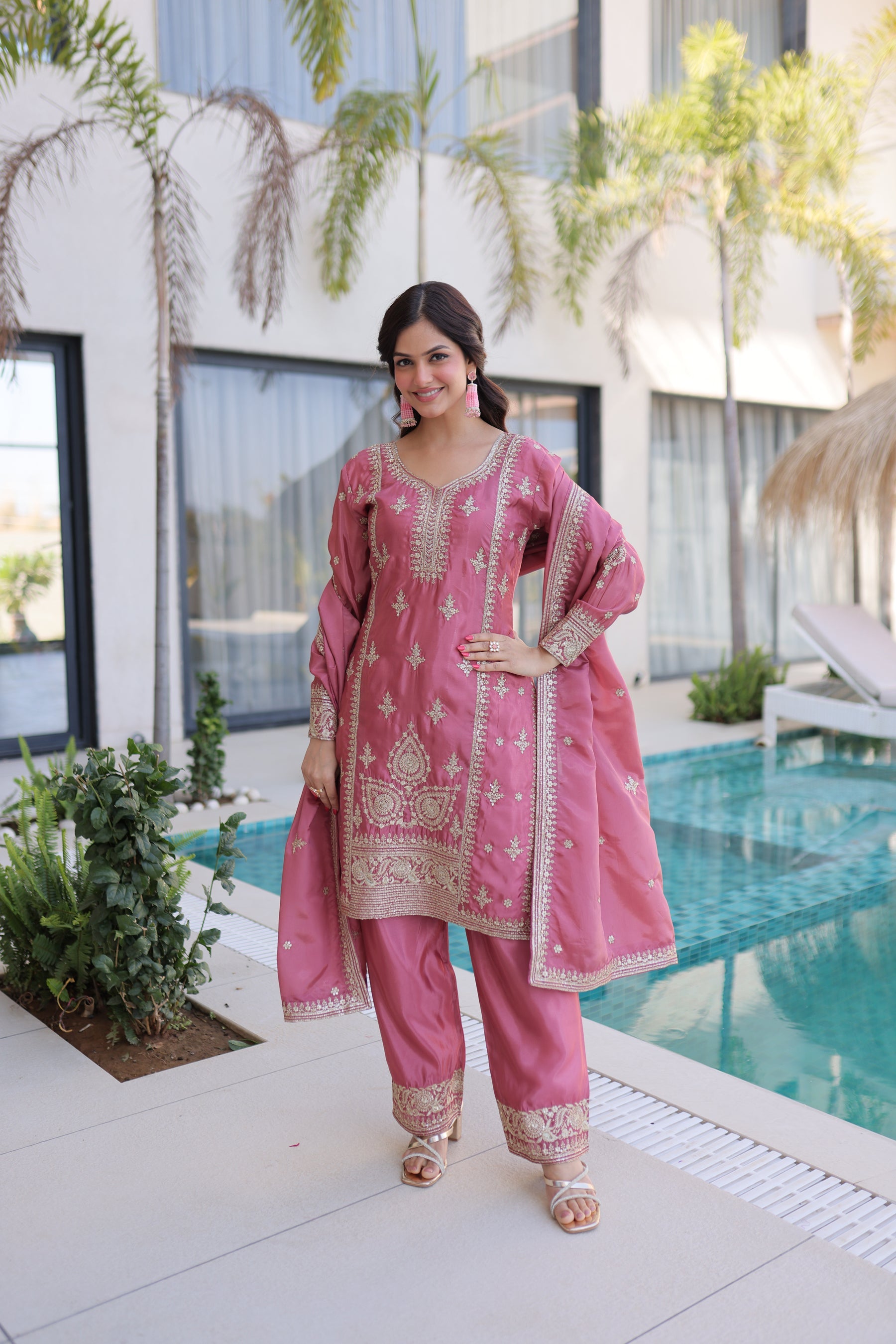Lorenvalley Fashion Pink Ho Silk With Zari Multi & Thread Embroidered Work Kurta Pant With Dupatta