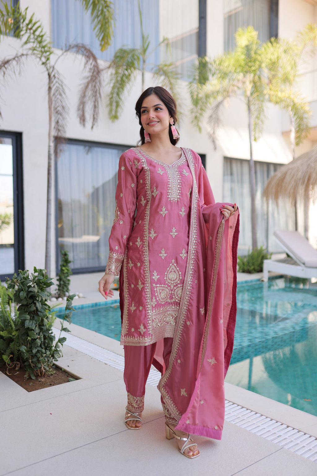 Lorenvalley Fashion Pink Ho Silk With Zari Multi & Thread Embroidered Work Kurta Pant With Dupatta