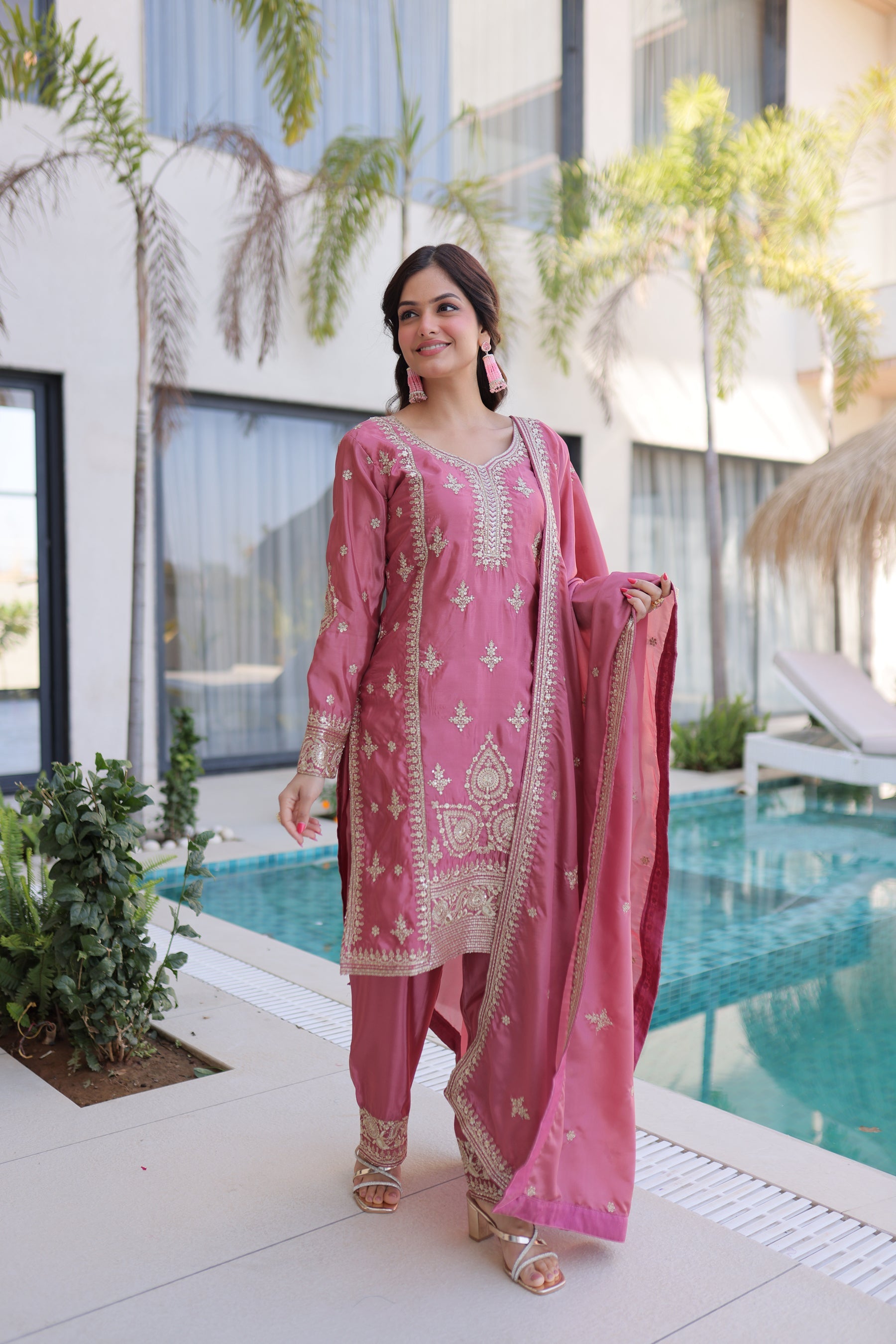 Lorenvalley Fashion Pink Ho Silk With Zari Multi & Thread Embroidered Work Kurta Pant With Dupatta