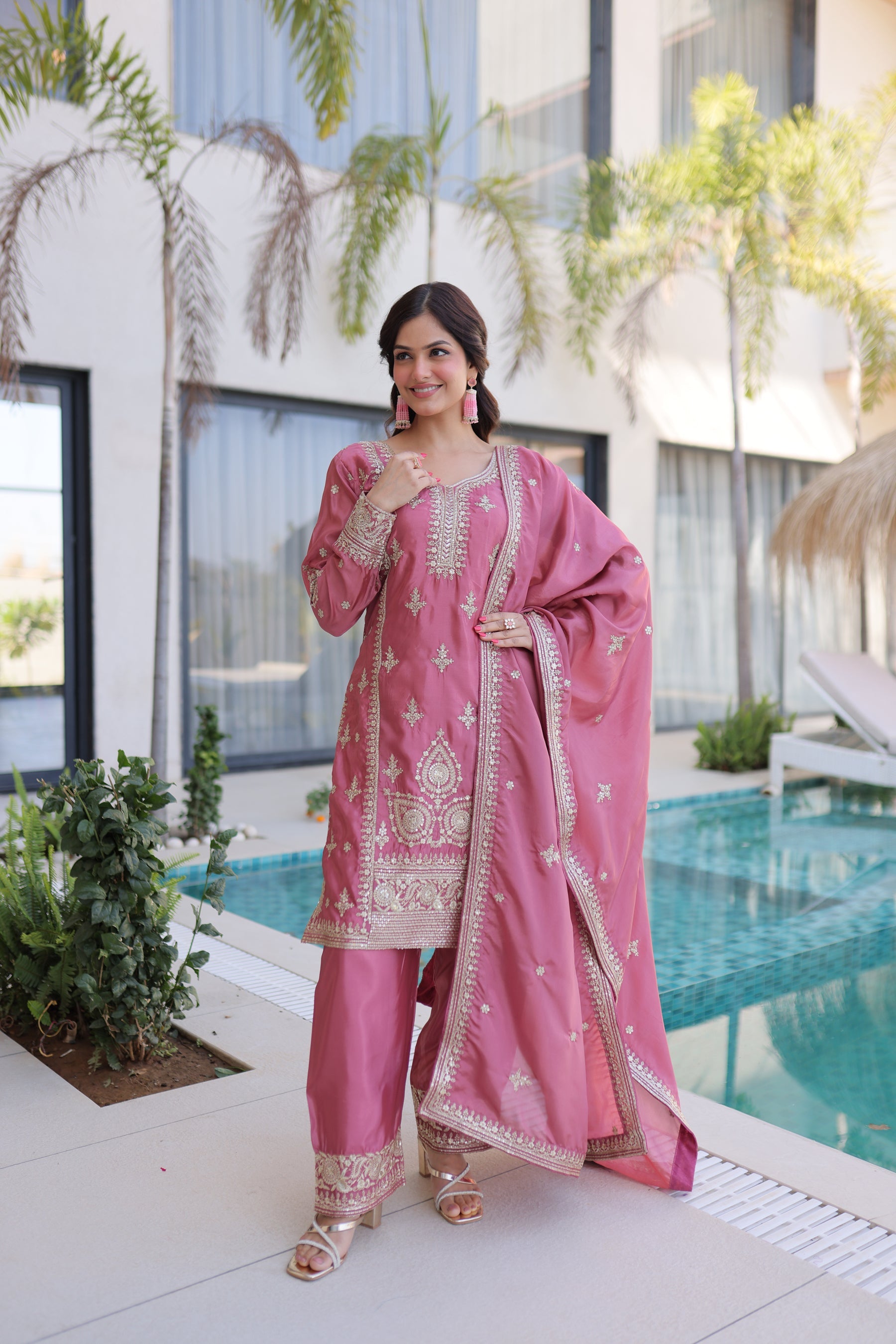 Lorenvalley Fashion Pink Ho Silk With Zari Multi & Thread Embroidered Work Kurta Pant With Dupatta