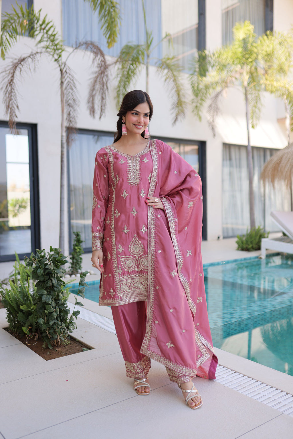 Lorenvalley Fashion Pink Ho Silk With Zari Multi & Thread Embroidered Work Kurta Pant With Dupatta