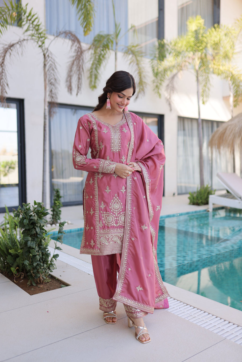 Lorenvalley Fashion Pink Ho Silk With Zari Multi & Thread Embroidered Work Kurta Pant With Dupatta