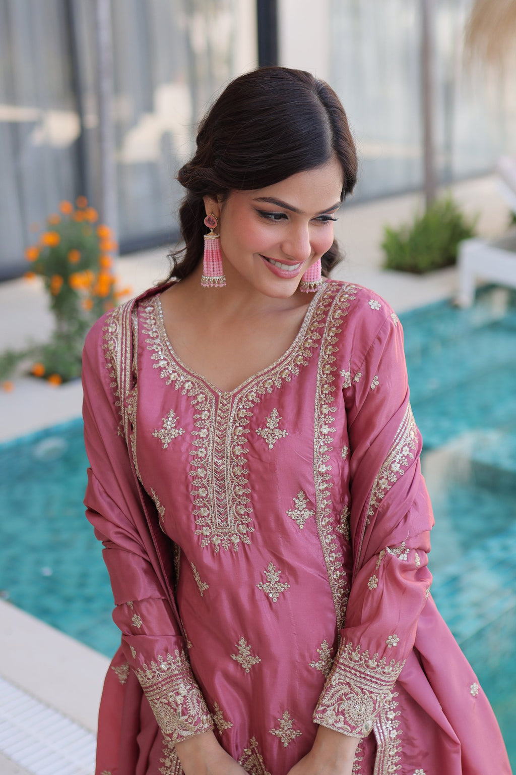Lorenvalley Fashion Pink Ho Silk With Zari Multi & Thread Embroidered Work Kurta Pant With Dupatta