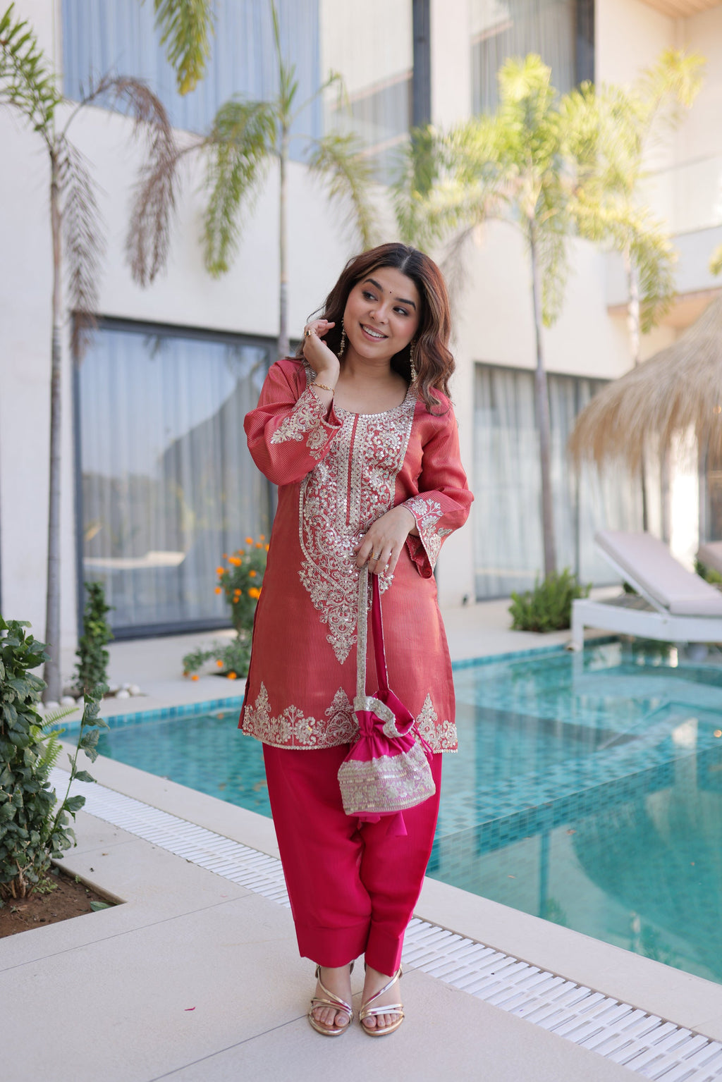 Lorenvalley Fashion Maroon Viscose with Sequins & Coding Zari Embroidered work Kurta Pant with Batwa