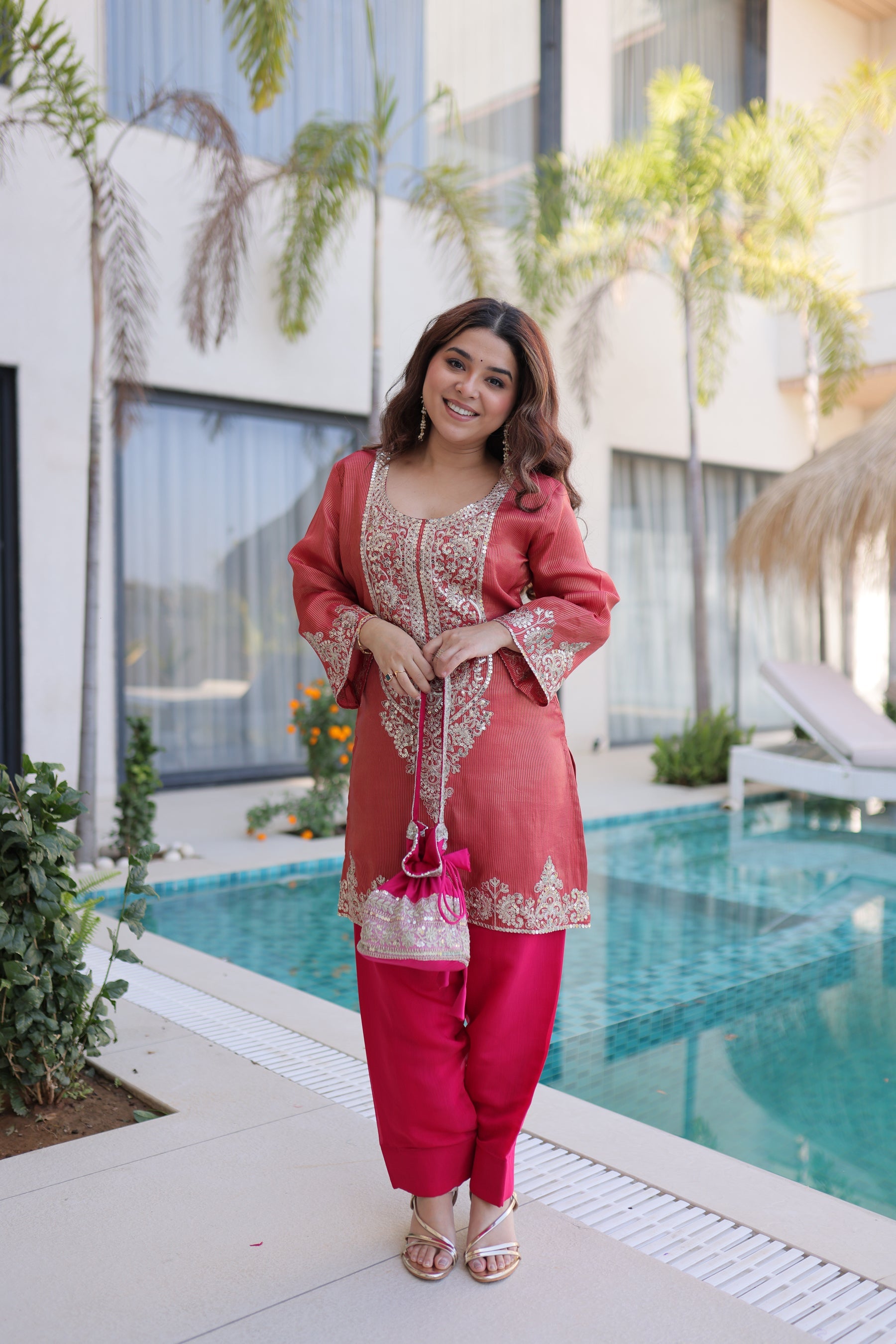 Lorenvalley Fashion Maroon Viscose with Sequins & Coding Zari Embroidered work Kurta Pant with Batwa