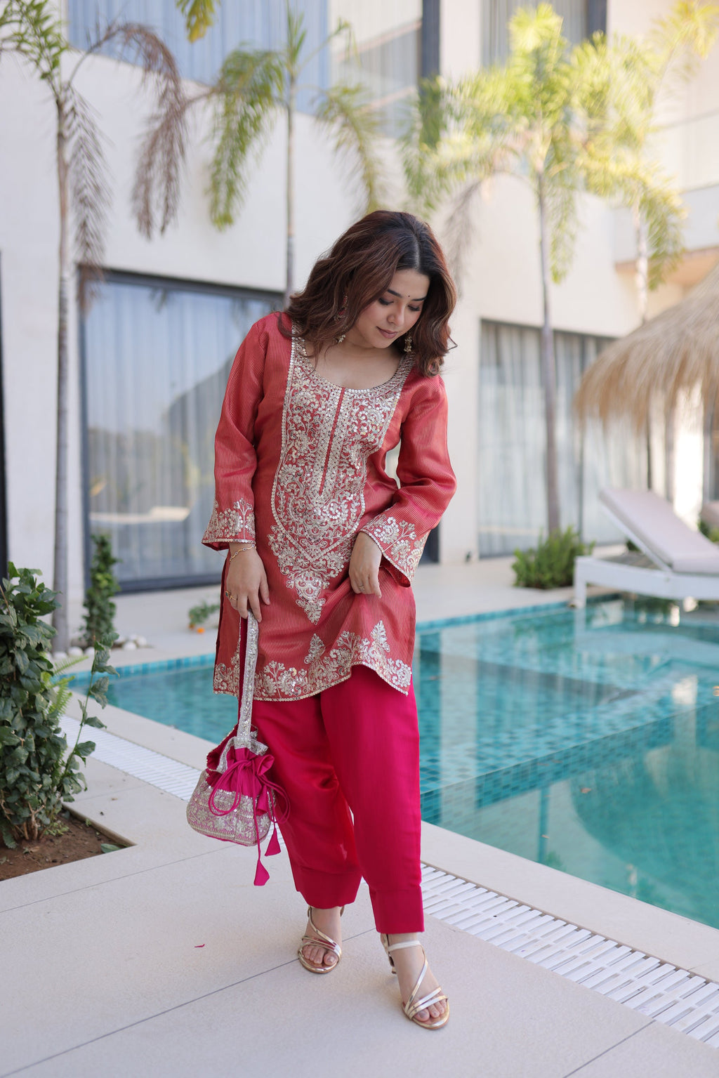 Lorenvalley Fashion Maroon Viscose with Sequins & Coding Zari Embroidered work Kurta Pant with Batwa