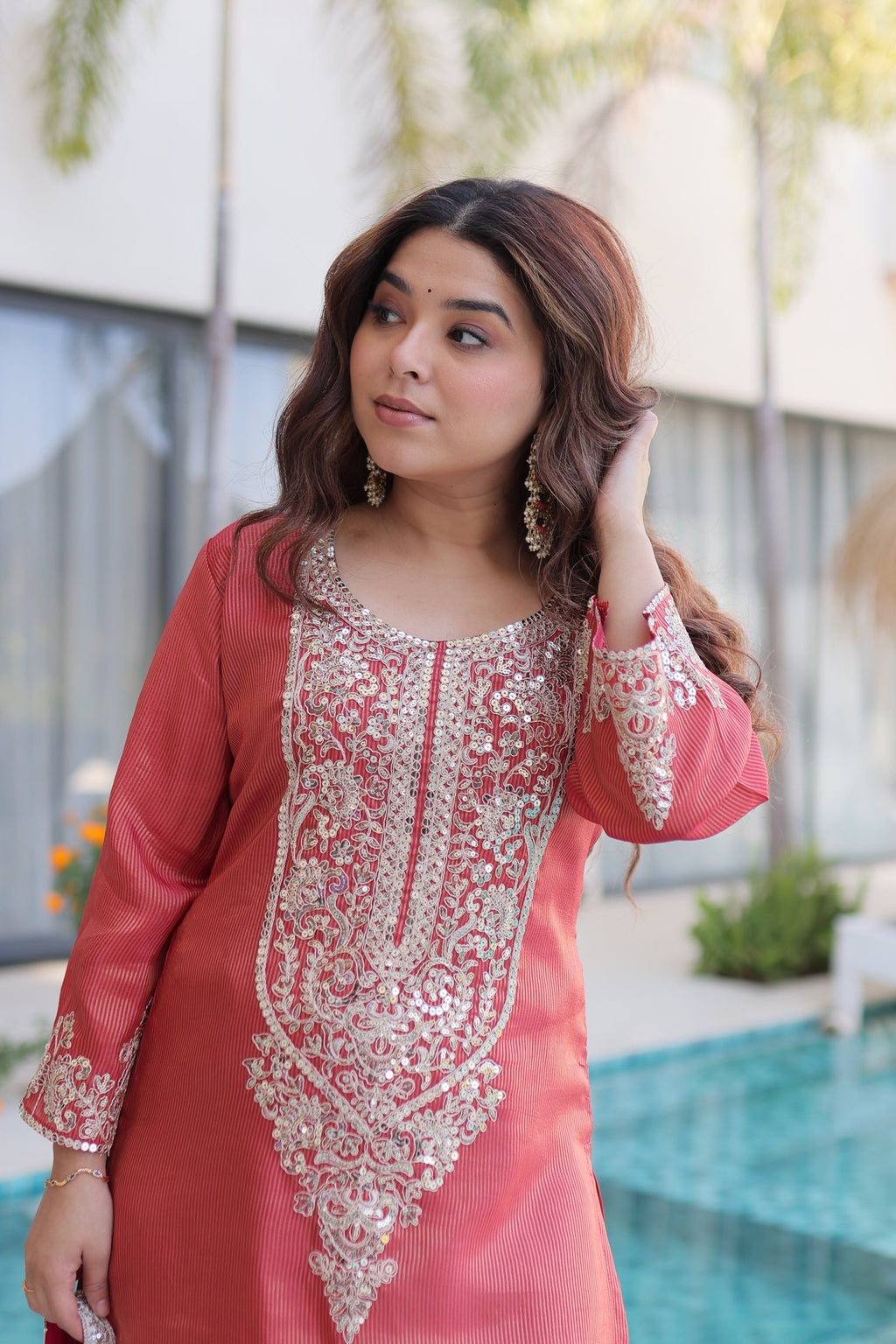 Lorenvalley Fashion Maroon Viscose with Sequins & Coding Zari Embroidered work Kurta Pant with Batwa