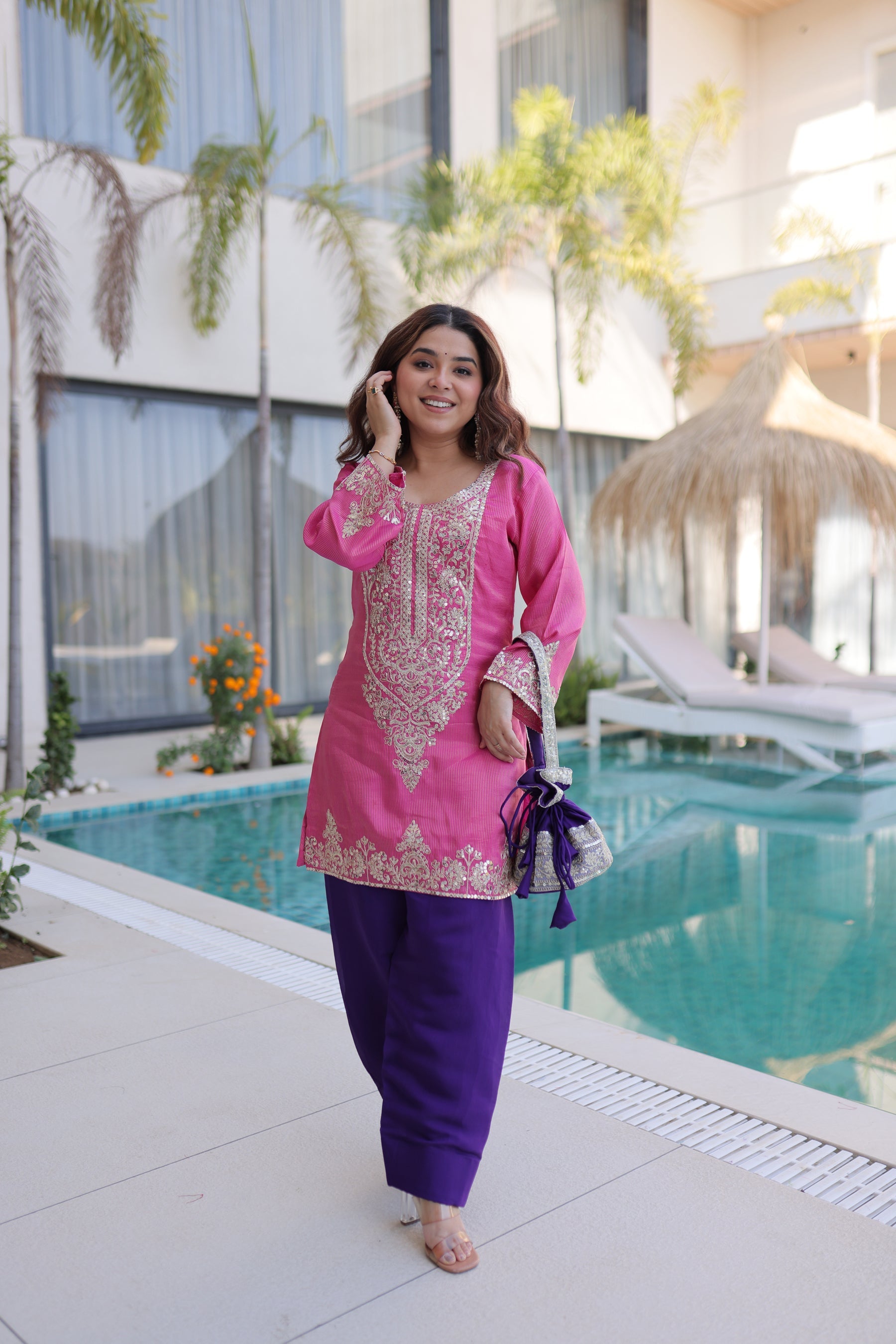 Lorenvalley Fashion Pink Viscose with Sequins & Coding Zari Embroidered work Kurta Pant with Batwa