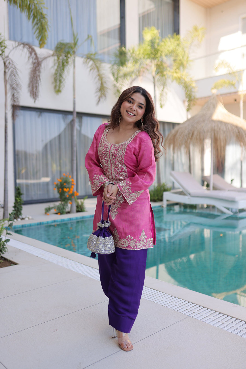 Lorenvalley Fashion Pink Viscose with Sequins & Coding Zari Embroidered work Kurta Pant with Batwa