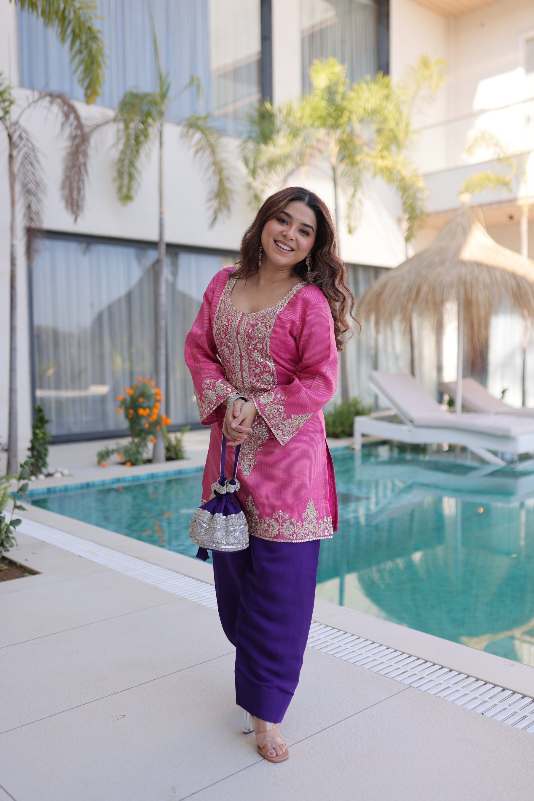 Lorenvalley Fashion Pink Viscose with Sequins & Coding Zari Embroidered work Kurta Pant with Batwa
