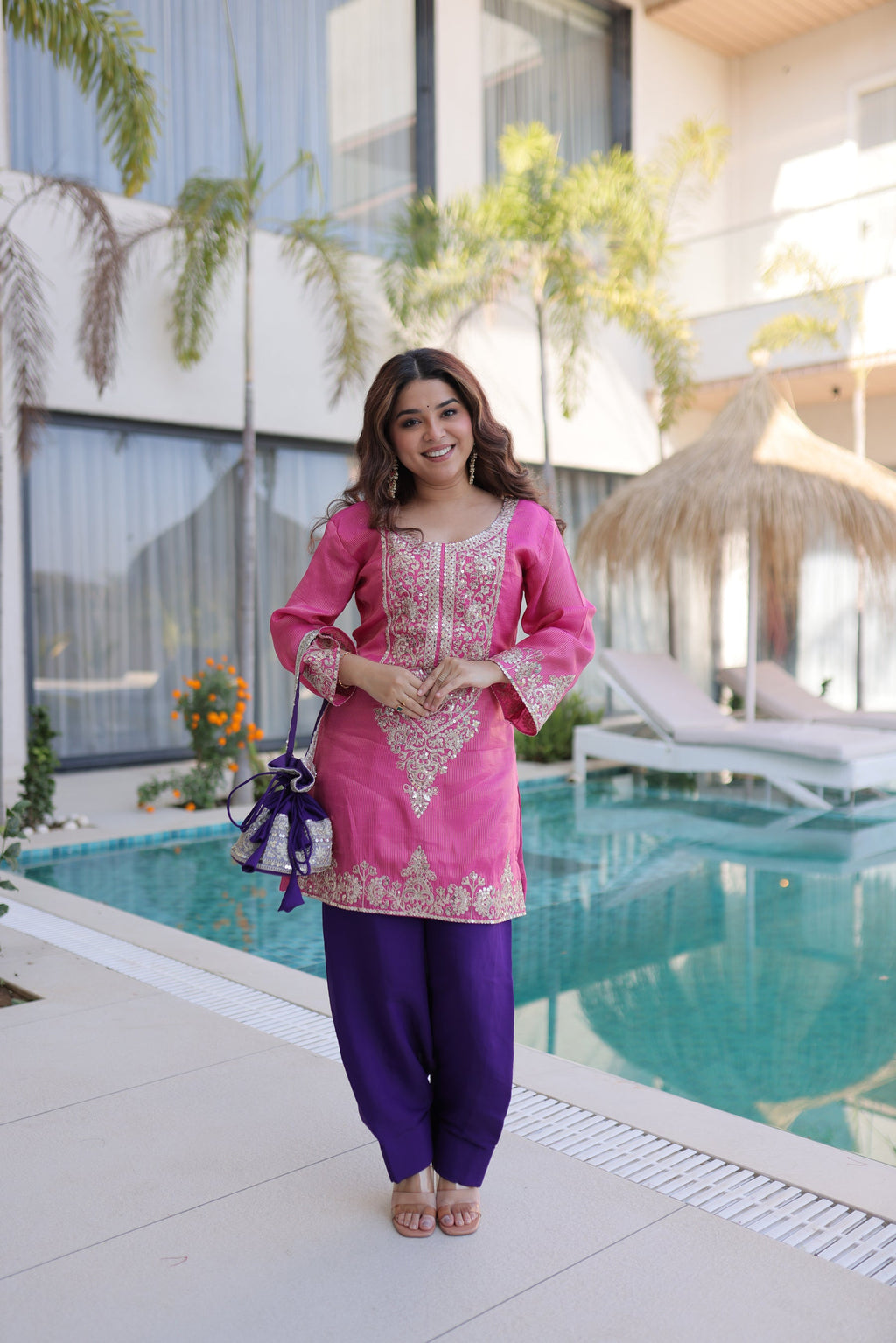 Lorenvalley Fashion Pink Viscose with Sequins & Coding Zari Embroidered work Kurta Pant with Batwa