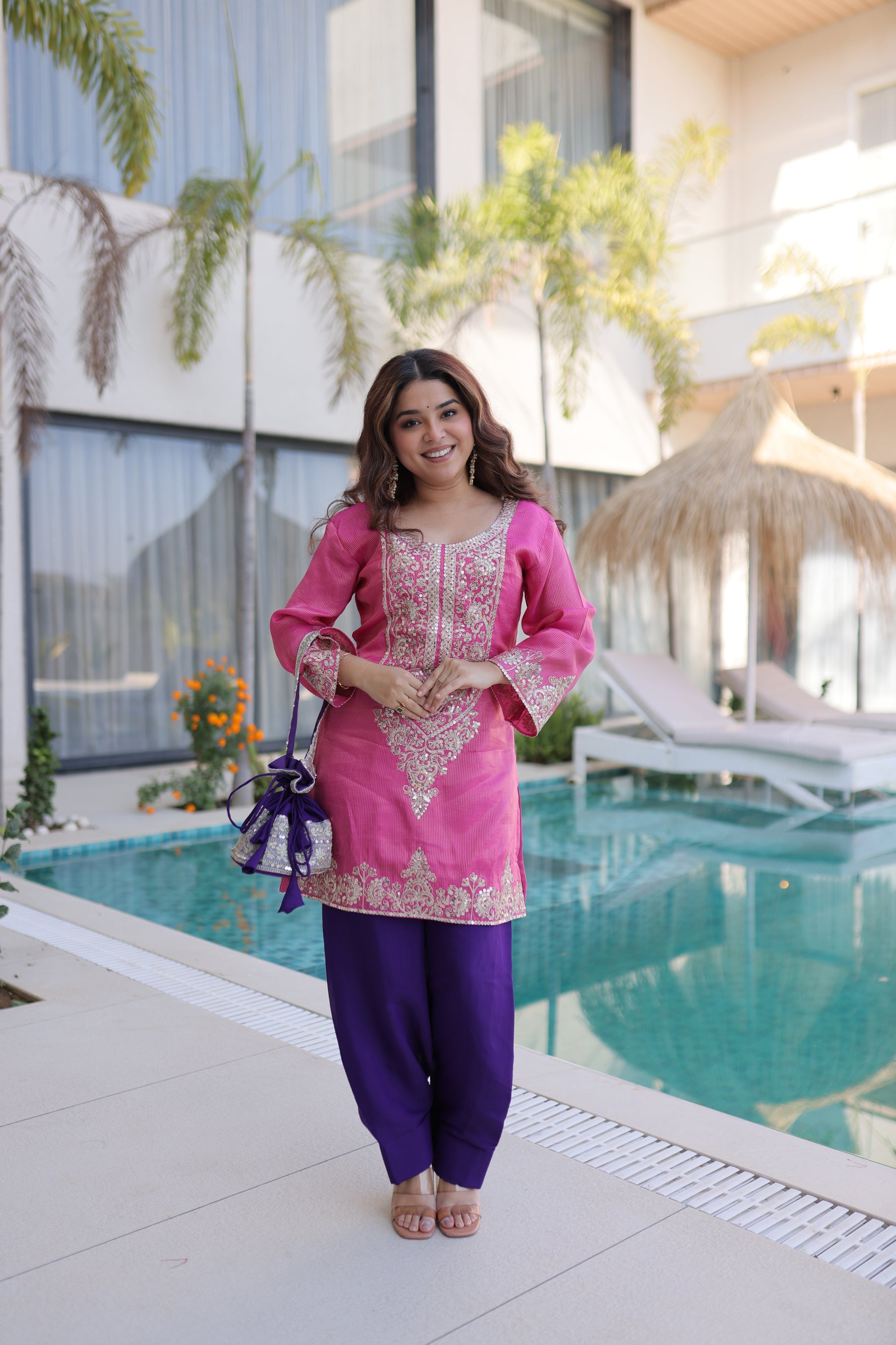 Lorenvalley Fashion Pink Viscose with Sequins & Coding Zari Embroidered work Kurta Pant with Batwa