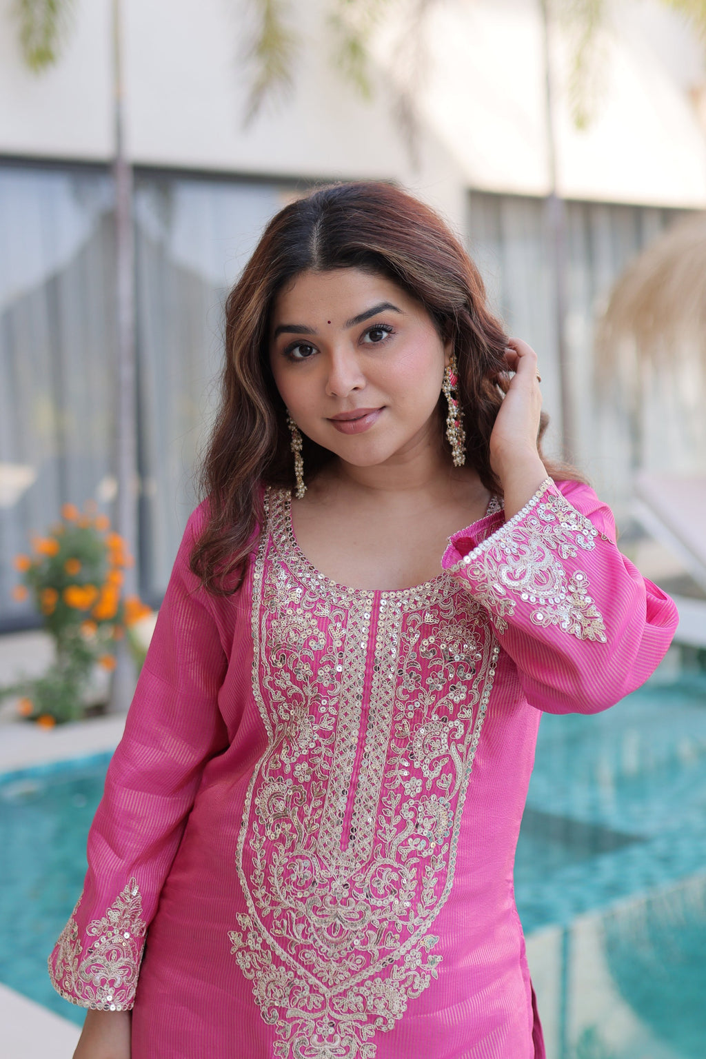 Lorenvalley Fashion Pink Viscose with Sequins & Coding Zari Embroidered work Kurta Pant with Batwa
