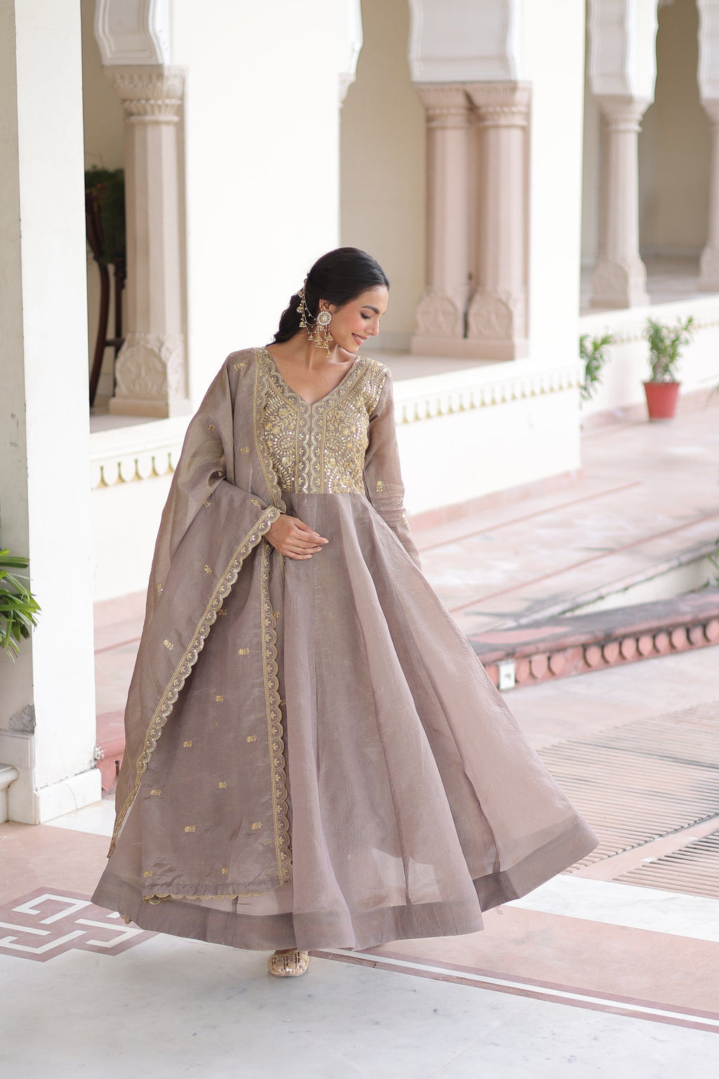 Lorenvalley Fashion Grey Gold Crush with Rich Sequins & Zari Embroidered work Gown with Dupatta