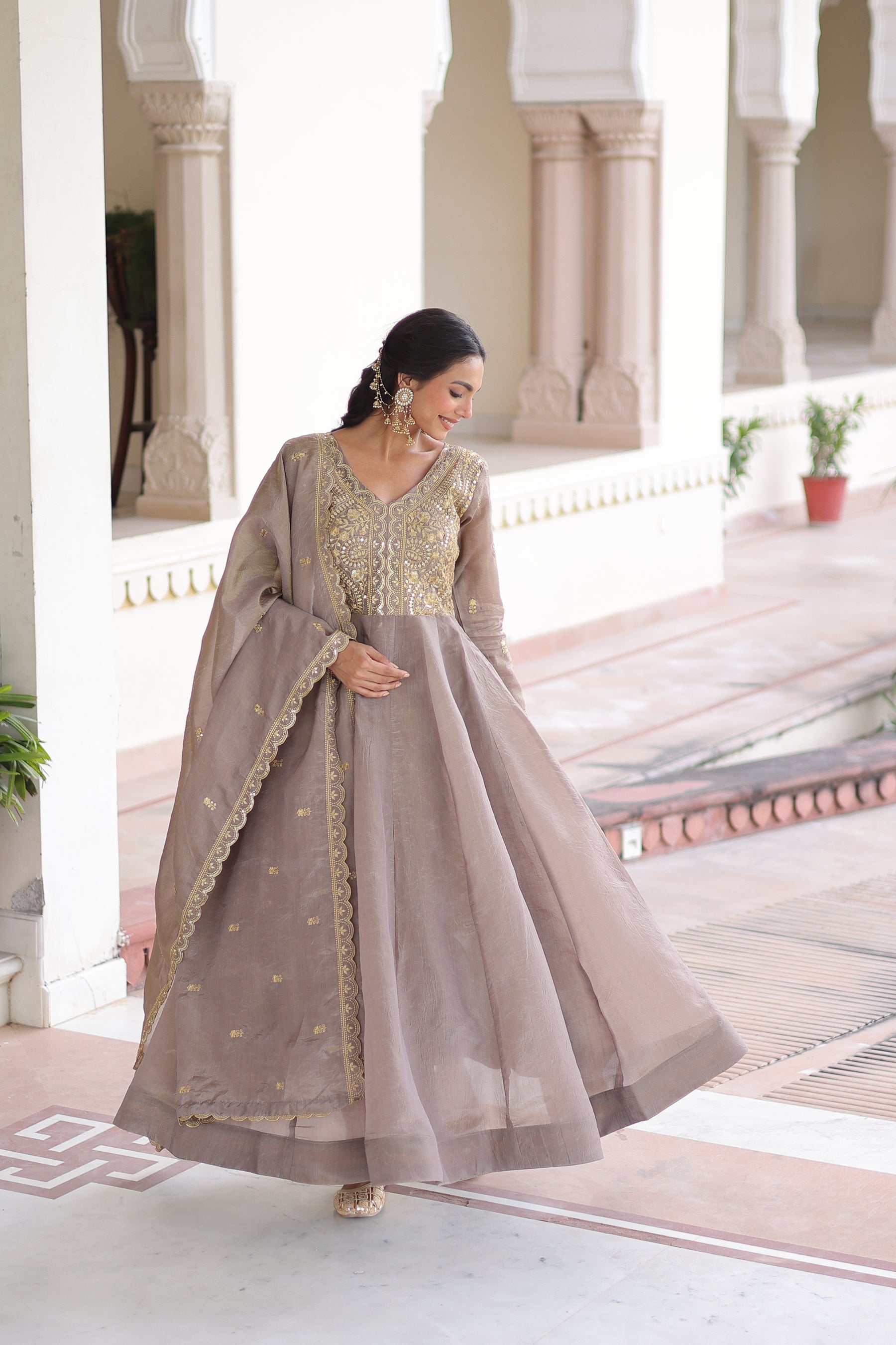 Lorenvalley Fashion Grey Gold Crush with Rich Sequins & Zari Embroidered work Gown with Dupatta