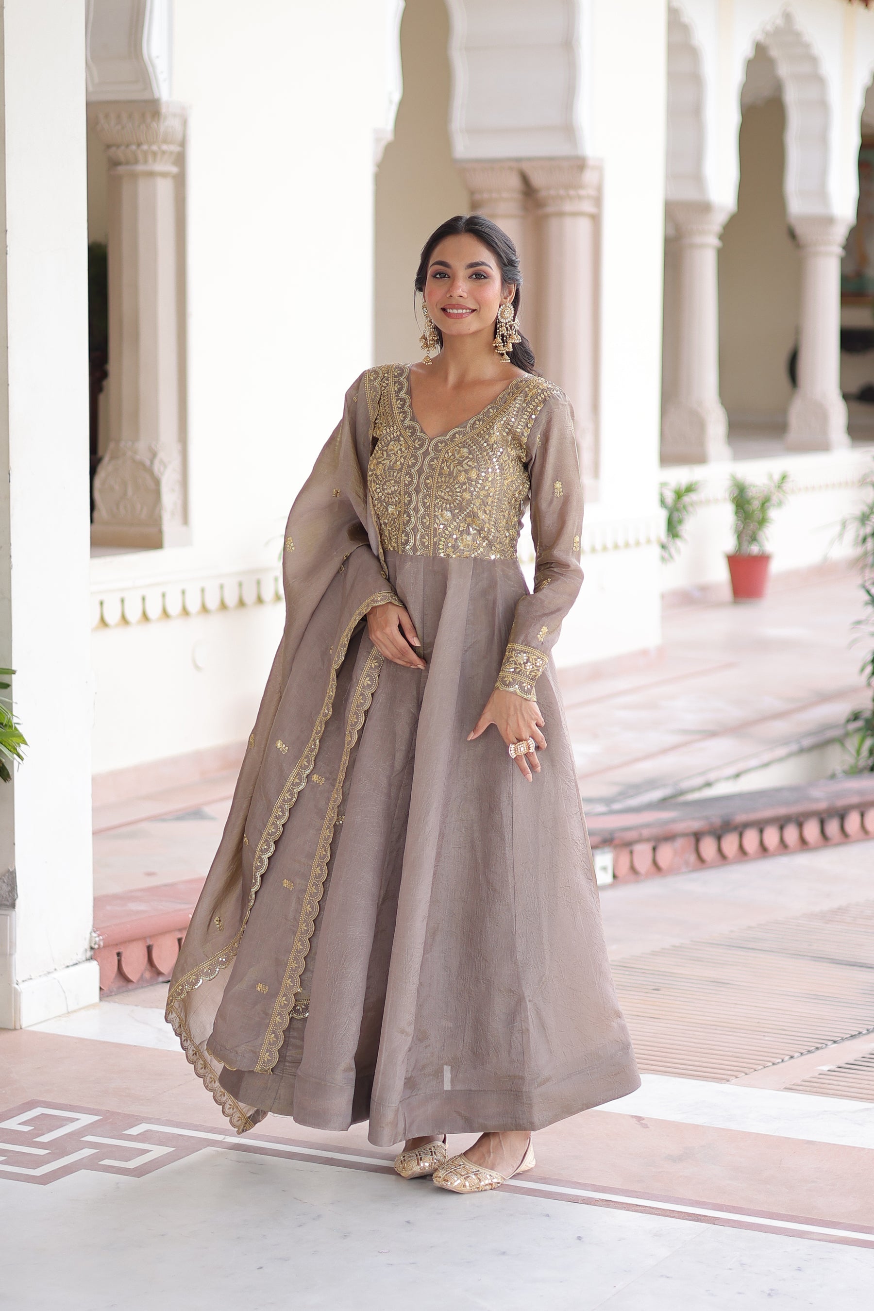 Lorenvalley Fashion Grey Gold Crush with Rich Sequins & Zari Embroidered work Gown with Dupatta