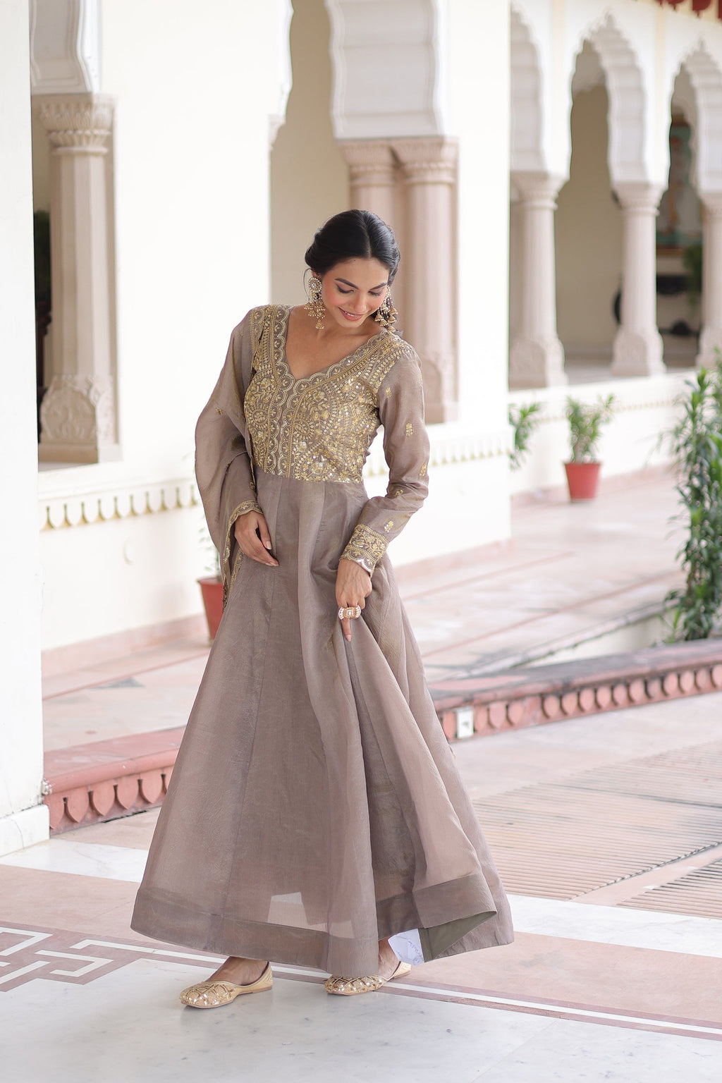 Lorenvalley Fashion Grey Gold Crush with Rich Sequins & Zari Embroidered work Gown with Dupatta