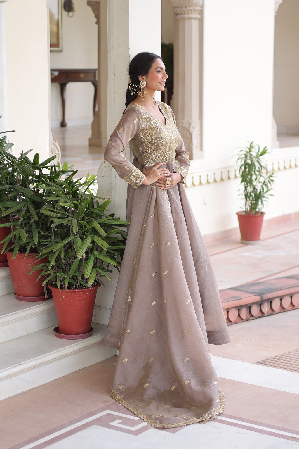 Lorenvalley Fashion Grey Gold Crush with Rich Sequins & Zari Embroidered work Gown with Dupatta