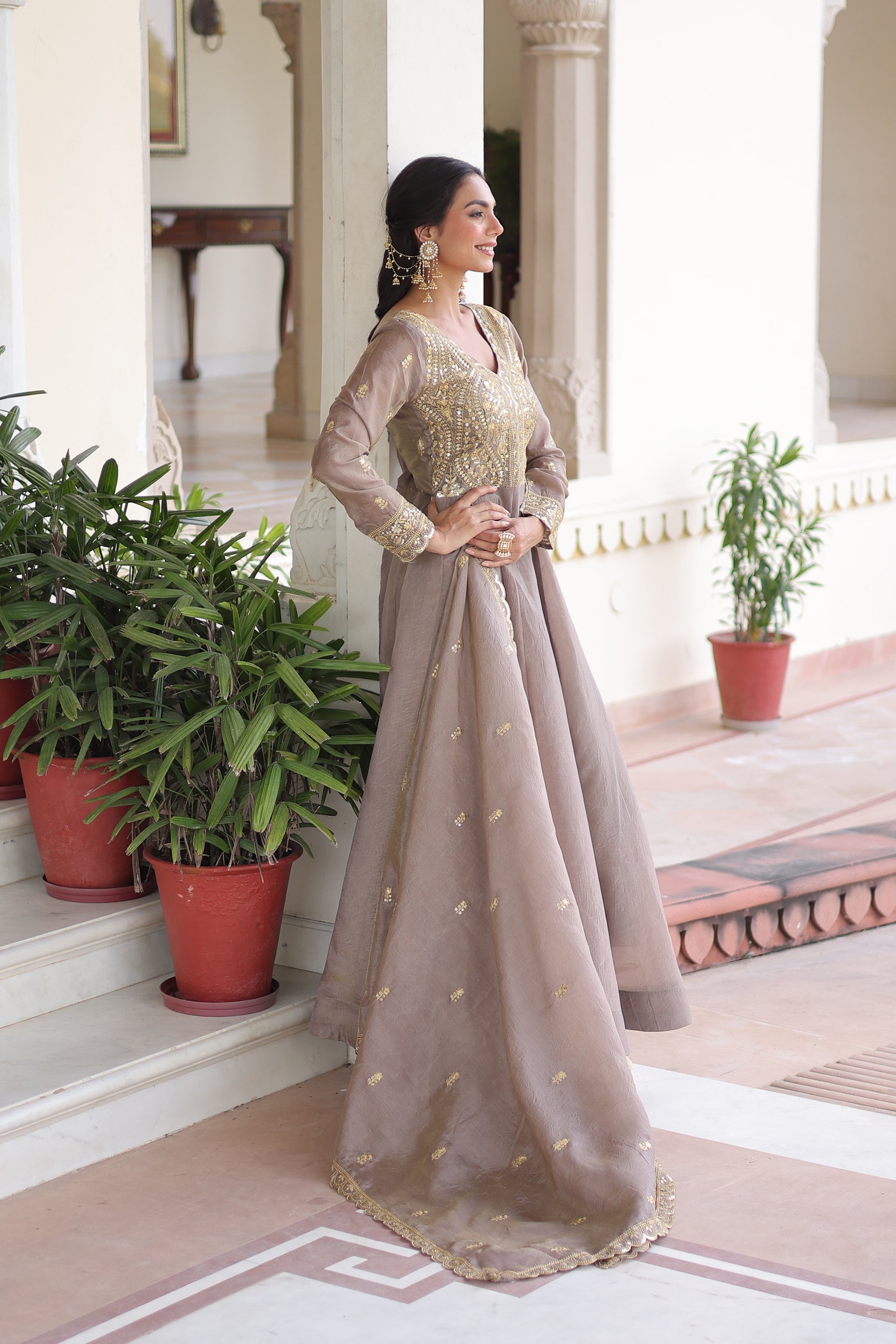 Lorenvalley Fashion Grey Gold Crush with Rich Sequins & Zari Embroidered work Gown with Dupatta