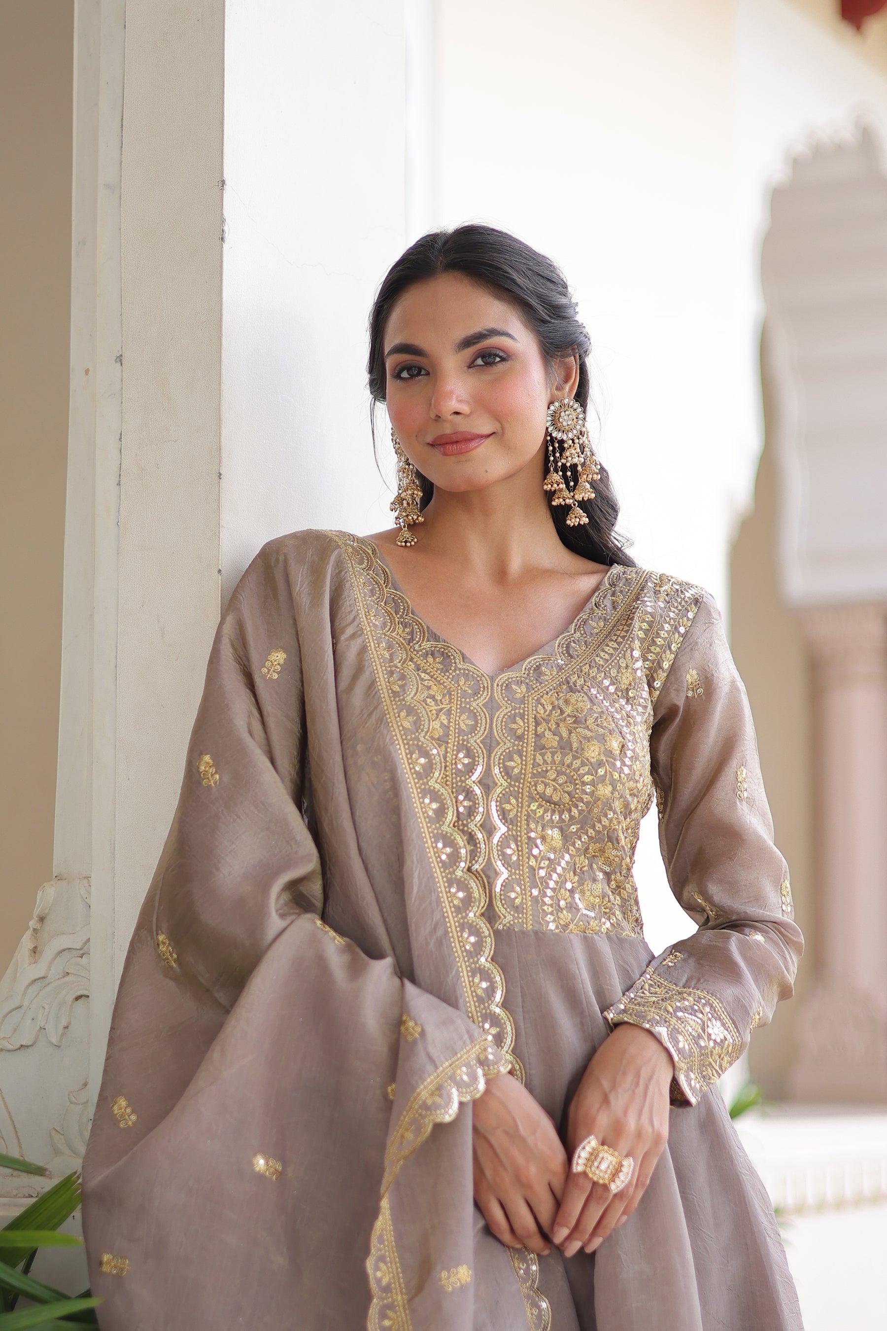Lorenvalley Fashion Grey Gold Crush with Rich Sequins & Zari Embroidered work Gown with Dupatta
