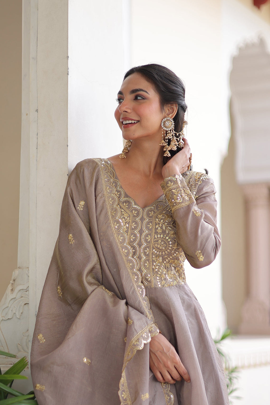 Lorenvalley Fashion Grey Gold Crush with Rich Sequins & Zari Embroidered work Gown with Dupatta