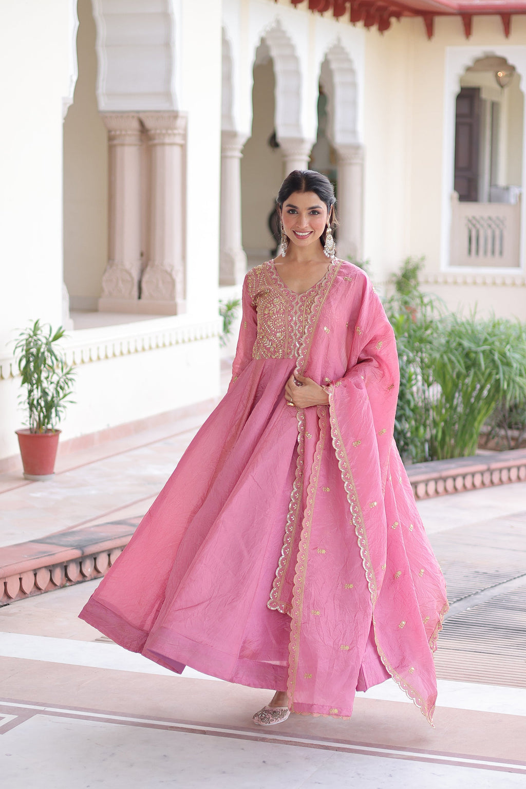 Lorenvalley Fashion Pink Gold Crush with Rich Sequins & Zari Embroidered work Gown with Dupatta