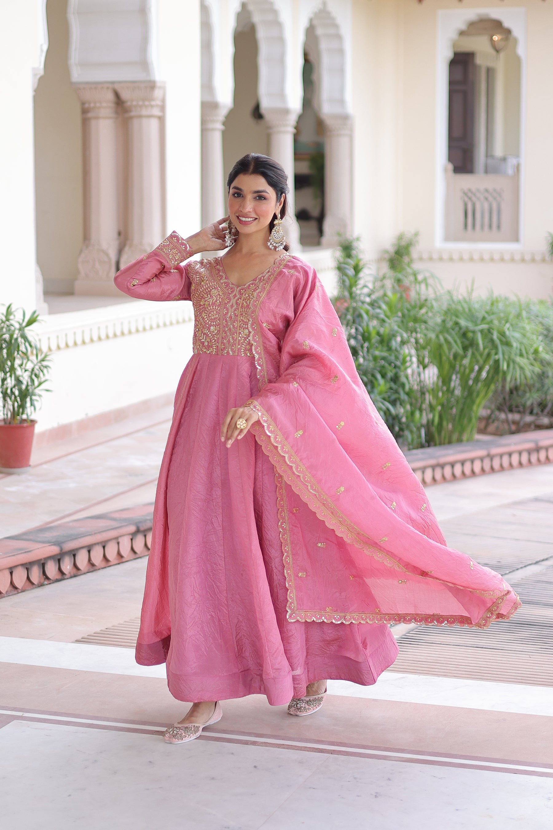 Lorenvalley Fashion Pink Gold Crush with Rich Sequins & Zari Embroidered work Gown with Dupatta