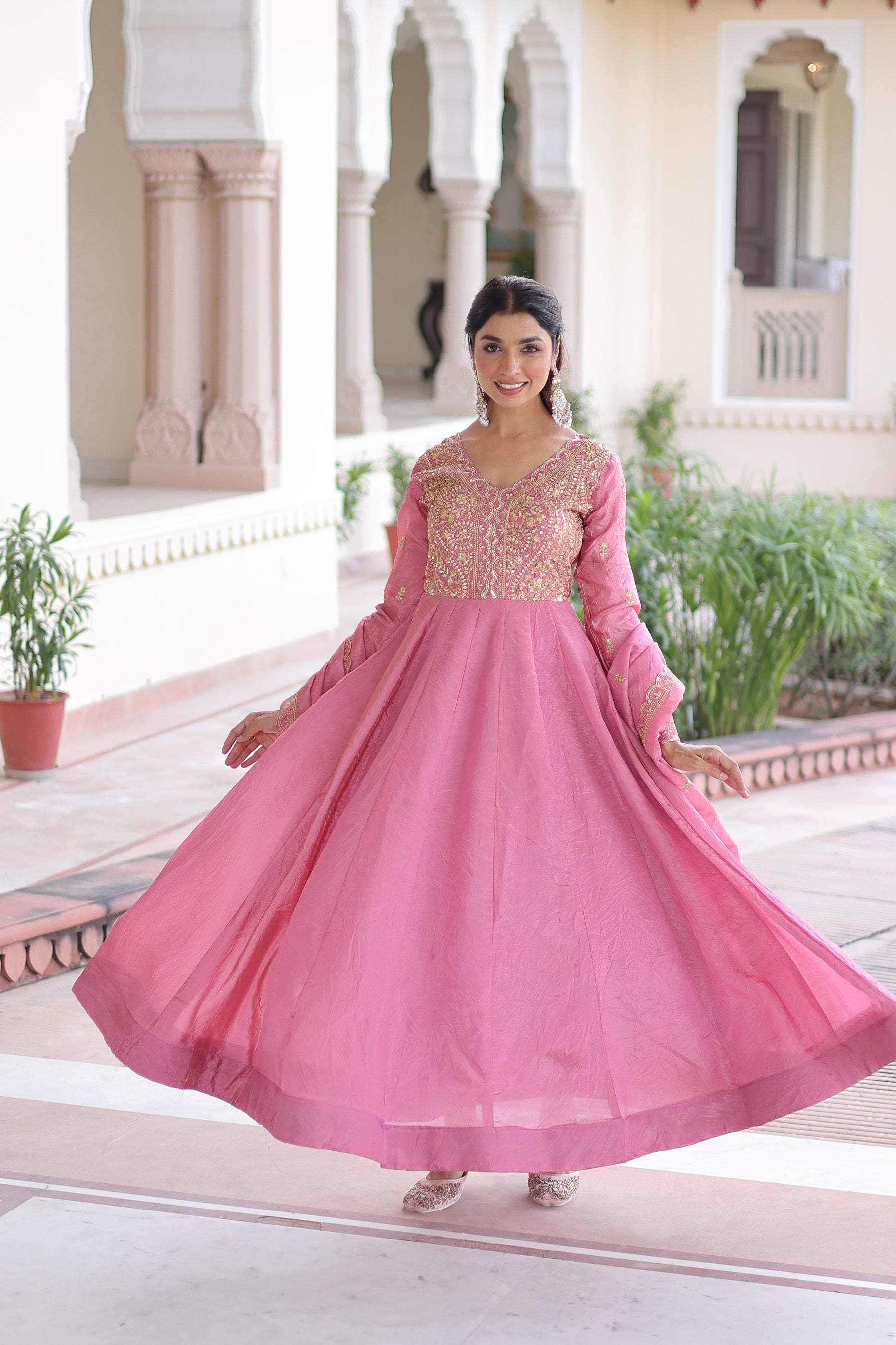 Lorenvalley Fashion Pink Gold Crush with Rich Sequins & Zari Embroidered work Gown with Dupatta