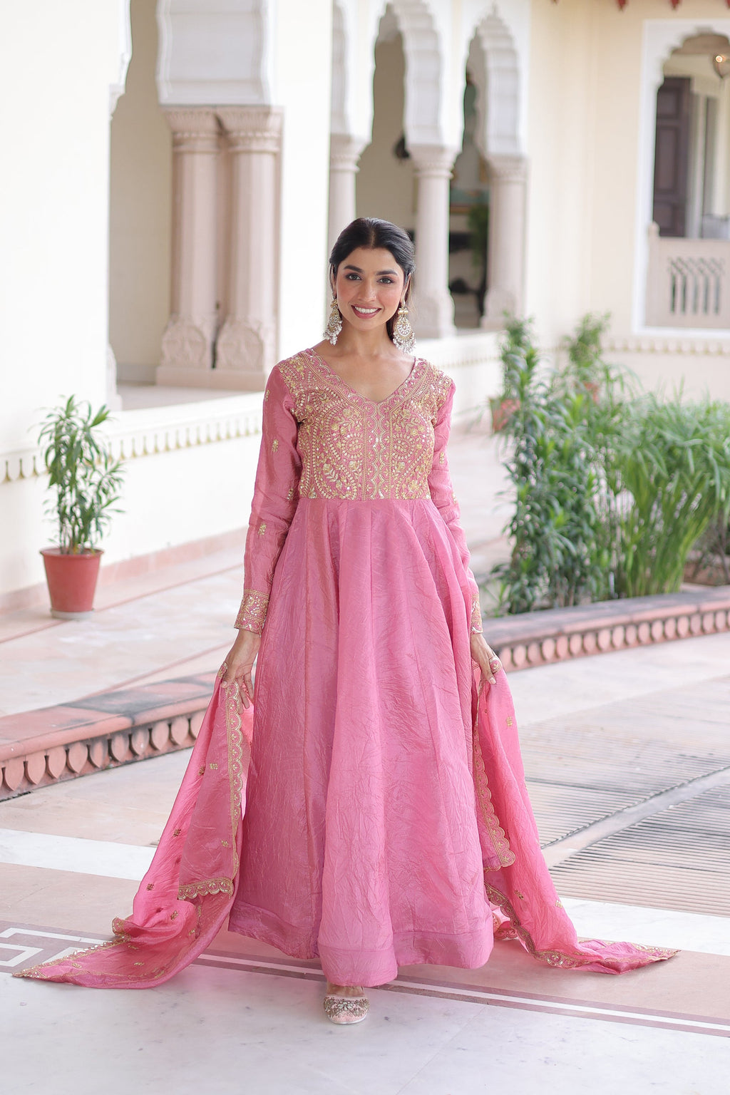 Lorenvalley Fashion Pink Gold Crush with Rich Sequins & Zari Embroidered work Gown with Dupatta