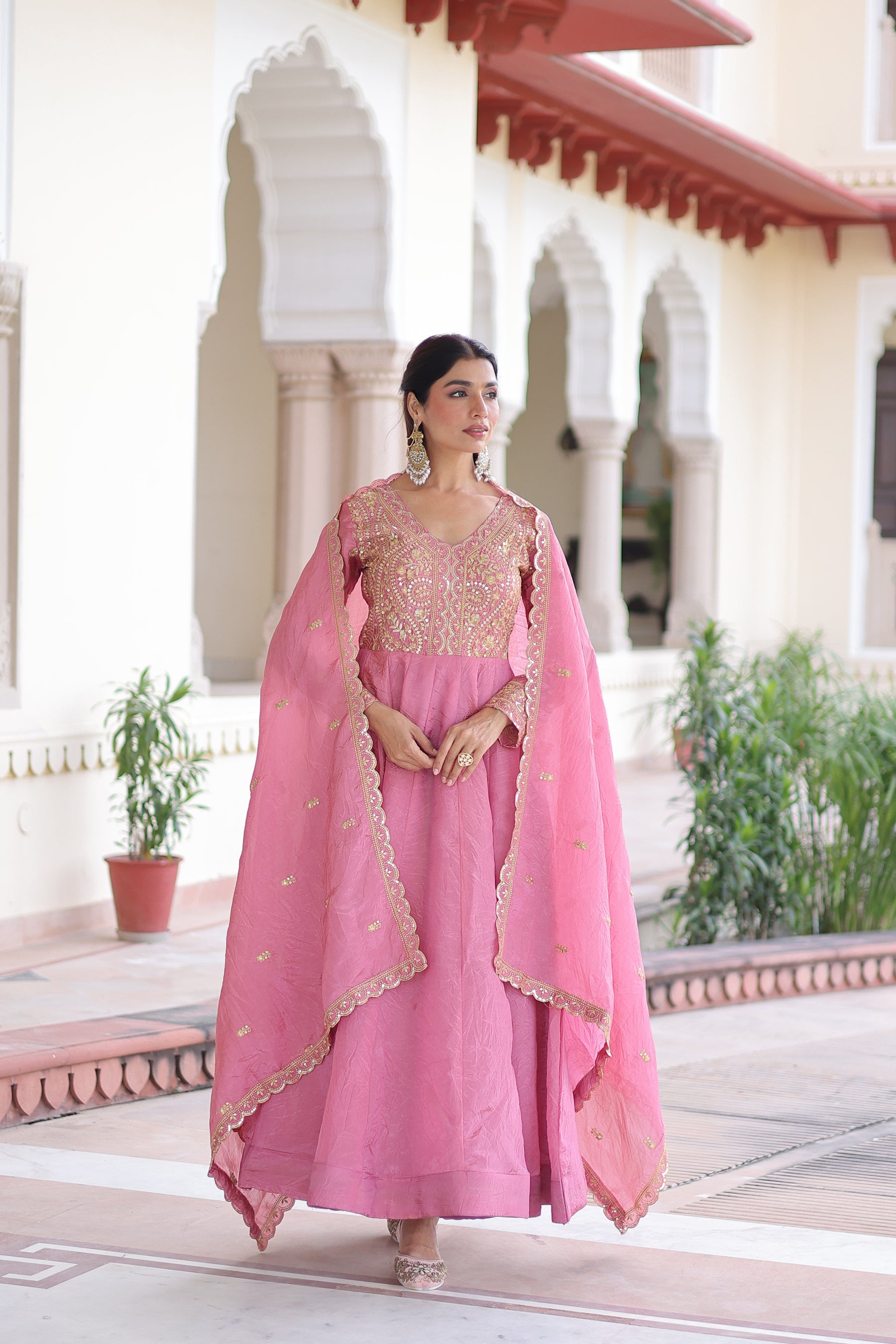 Lorenvalley Fashion Pink Gold Crush with Rich Sequins & Zari Embroidered work Gown with Dupatta