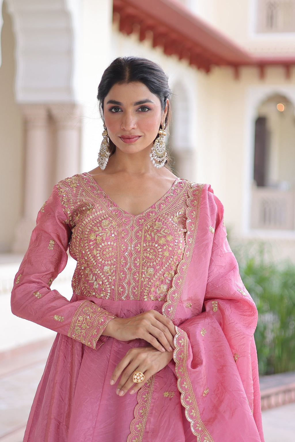Lorenvalley Fashion Pink Gold Crush with Rich Sequins & Zari Embroidered work Gown with Dupatta